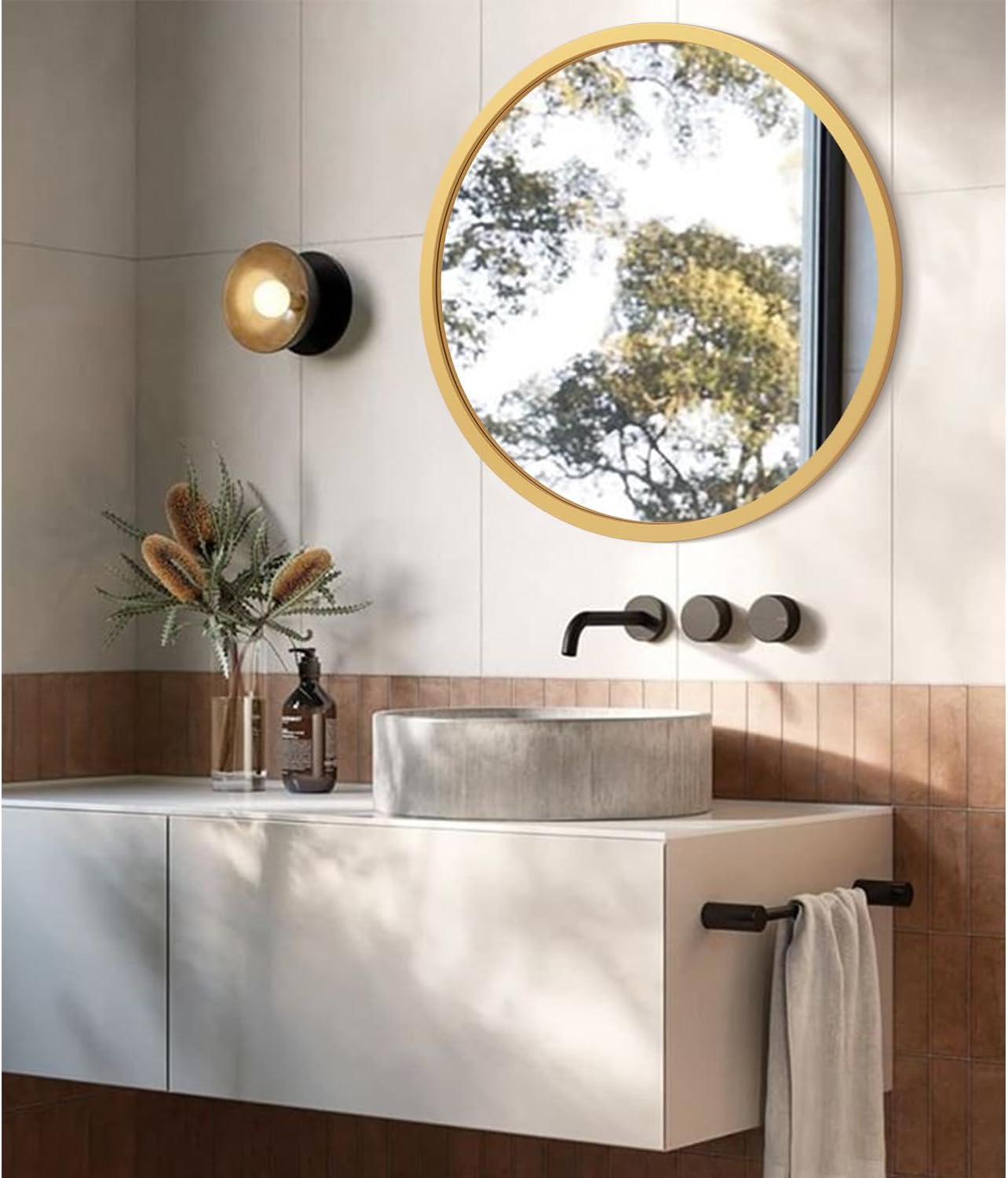 JJUUYOU Wall Mirror 20 Inch Round Wall Mirror for Bathroom Antique Circular Mirrors Washroom Wall Decor Wood Frame Mirrors for Living Room Bedroom Dorm Decorative