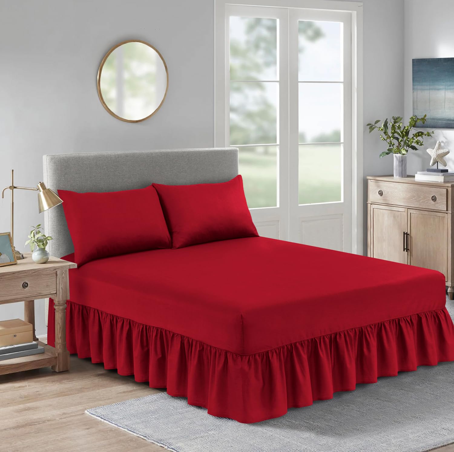 Premium Valance Fitted Sheets with Elegant Ruffles – Wrinkle-Free, Durable Bed Skirts for All Mattress Sizes, Easy to Install (RED, SINGLE)