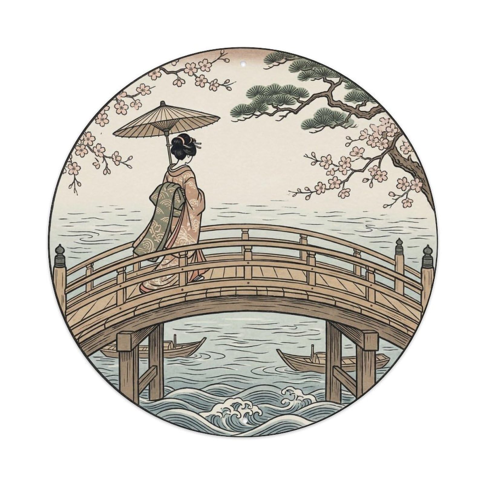 Japanese Geisha Crossing Bridge Walking Posture Metal Tin Sign