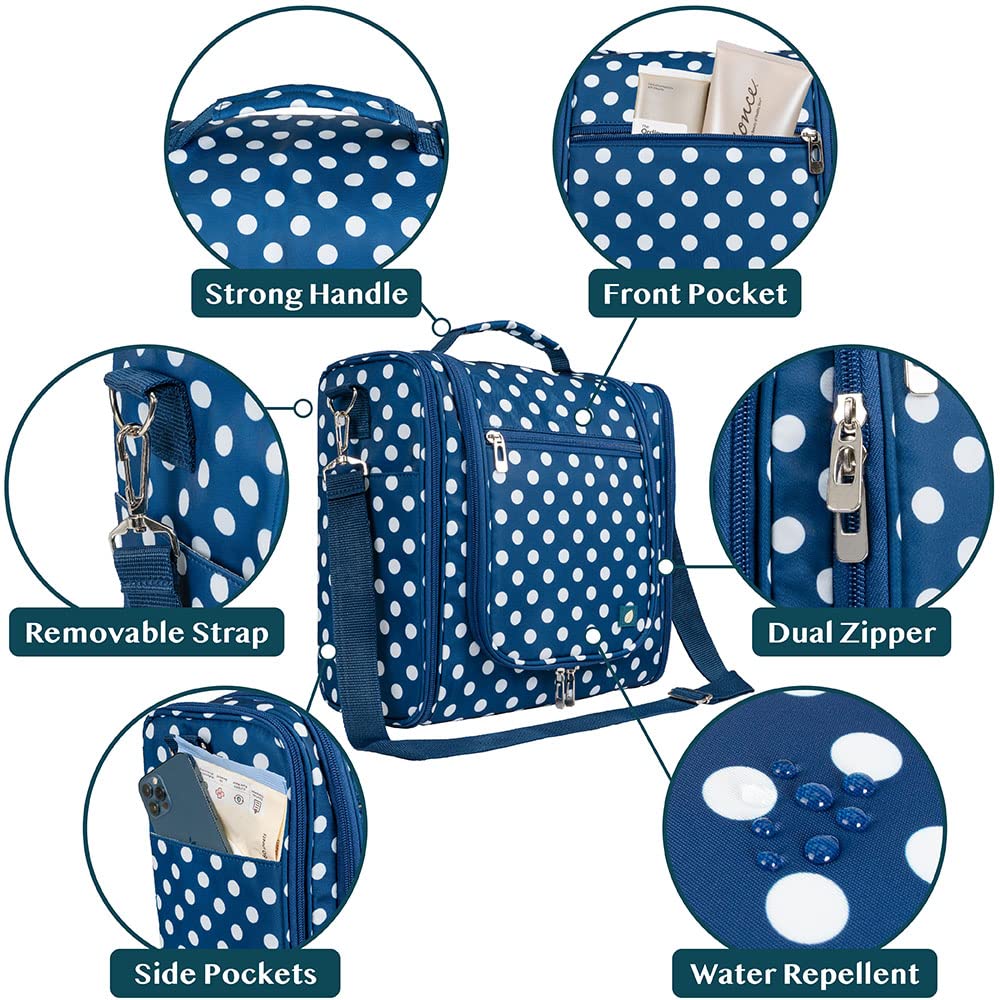 PAVILIA Large Hanging Toiletry Bag for Women Men, Travel Toiletry Bag Organizer for Toiletries, Cosmetics, Makeup Bag with Mesh, Water Resistant Pockets (Navy Polka Dot)