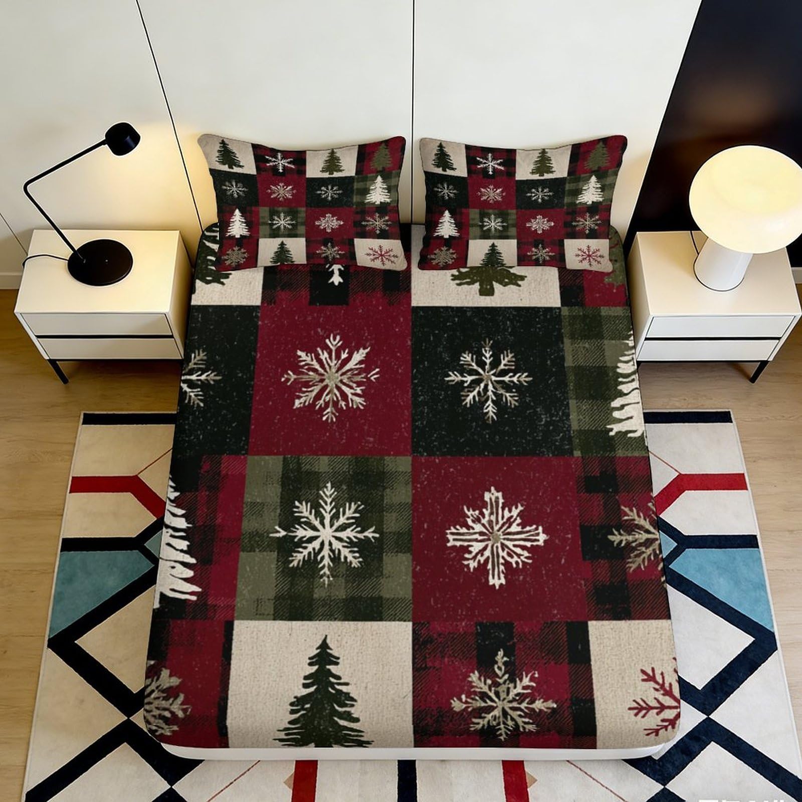 3D Printed Snowflake Plaid Fitted Sheet Microfiber Elastic Bed Cover Red Green for Bedroom Dorm Mattress Protection 200x200x25cm
