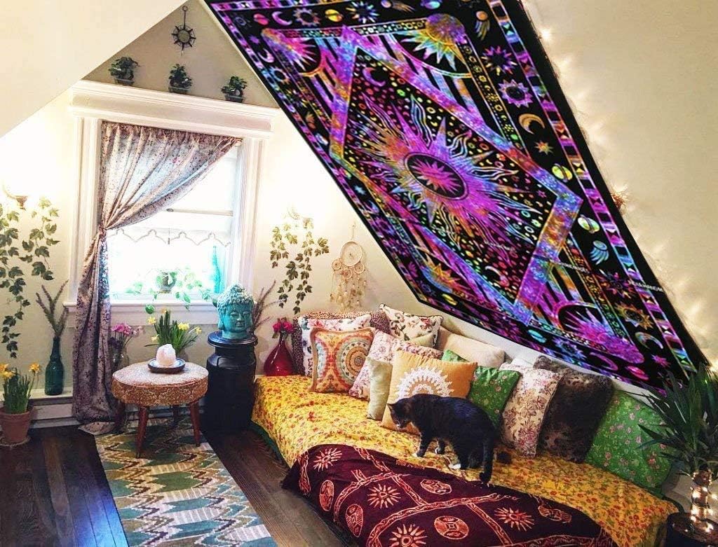 THE ART BOX Burning Sun Tie Dye Tapestry, Celestial Sun Moon Star Planet Bohemian Poster Trippy Tablecloth Psychedelic Bedspread Wall Hanging Boho Hippie Beach Coverlet Curtain (Purple 90"X108")