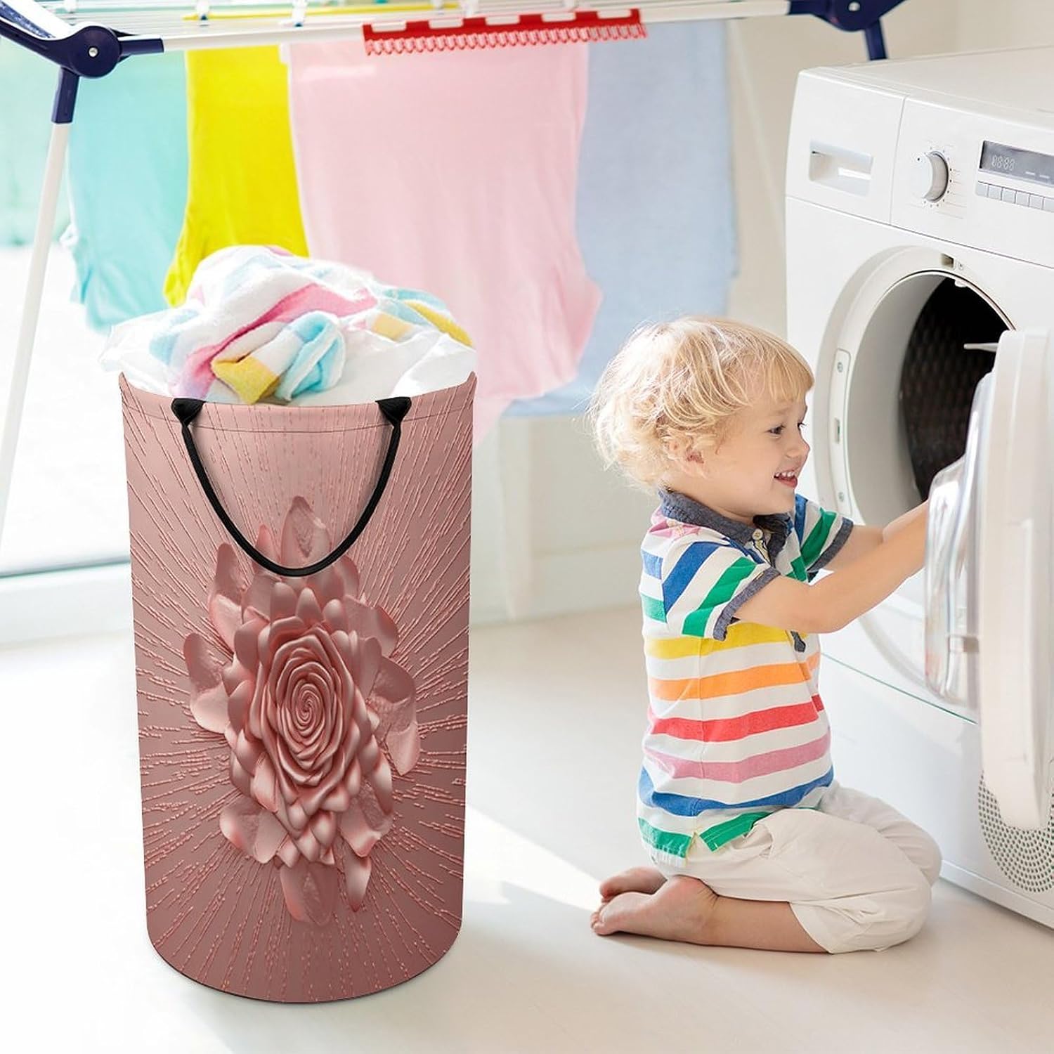 Rose Gold Pink Laundry Basket 86L Laundry Hamper | Collapsible Clothes Hamper with Reinforced Handles Waterproof Tall Foldable Dirty Clothes Basket for Hotel, Home, Closet