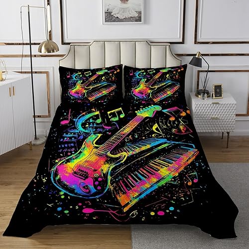 Miniatura 9 de Juego de edredón abstracto con cinta musical retro, tamaño individual, diseño vintage de radios de los años 80, juego de edredón de casete de audio