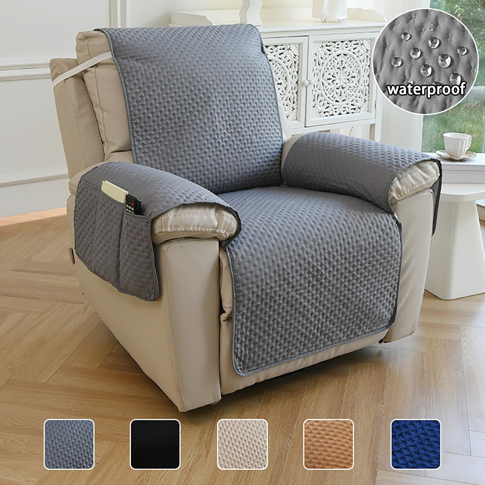Copripoltrona Reclinabile Rinfrescante con Tasca Portaoggetti, Copridivano Poltrona Impermeabile con Elastici, Protezione per Mobili Traspirante e Lavabile(Beige,55x196cm)