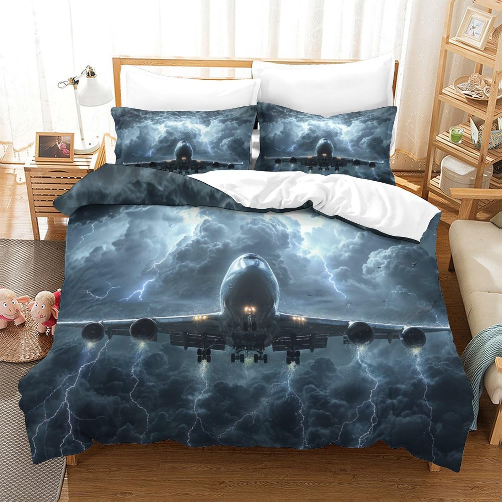 Housse de couette avion 3D pour chambre d'enfant passionné d'aviation, parure Super King douce
