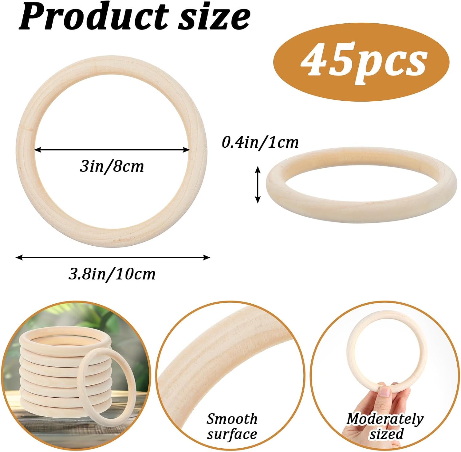 45 Pcs 4 Inch Wooden Rings for Crafts, Natural Unfinished Solid Wooden Rings for Macrame, DIY Projects, Jewelry Making and Home Decor Crafting Supplies (4 Inch Diameter) image 2