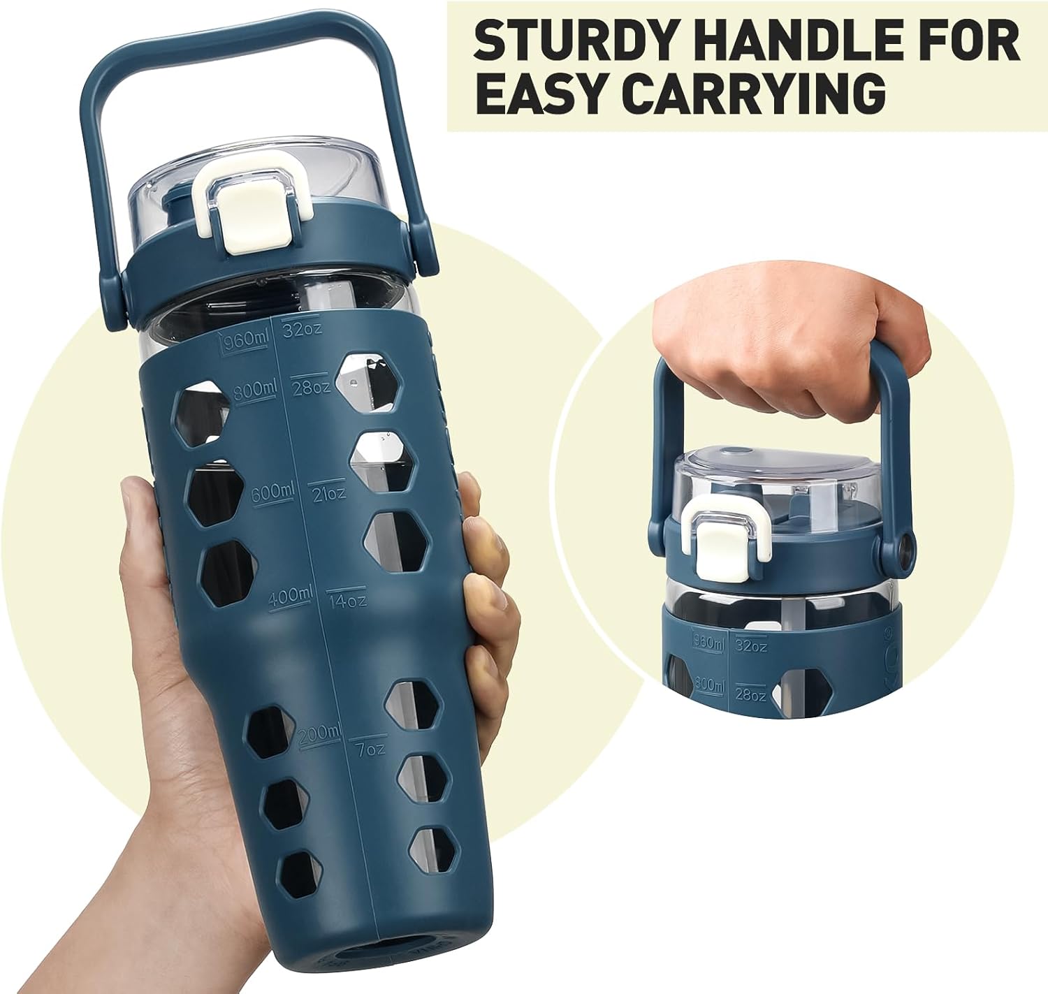 MUKOKO 32 oz Glass Tumbler with Straw,Glass Water Bottles with Time Marker,Iced Coffee Cup with Silicone Sleeve,Motivational Drinking Bottles,Leakproof-Blue - Image 5