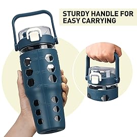 MUKOKO 32 oz Glass Tumbler with Straw,Glass Water Bottles with Time Marker,Iced Coffee Cup with Silicone Sleeve,Motivational Drinking Bottles,Leakproof-Blue