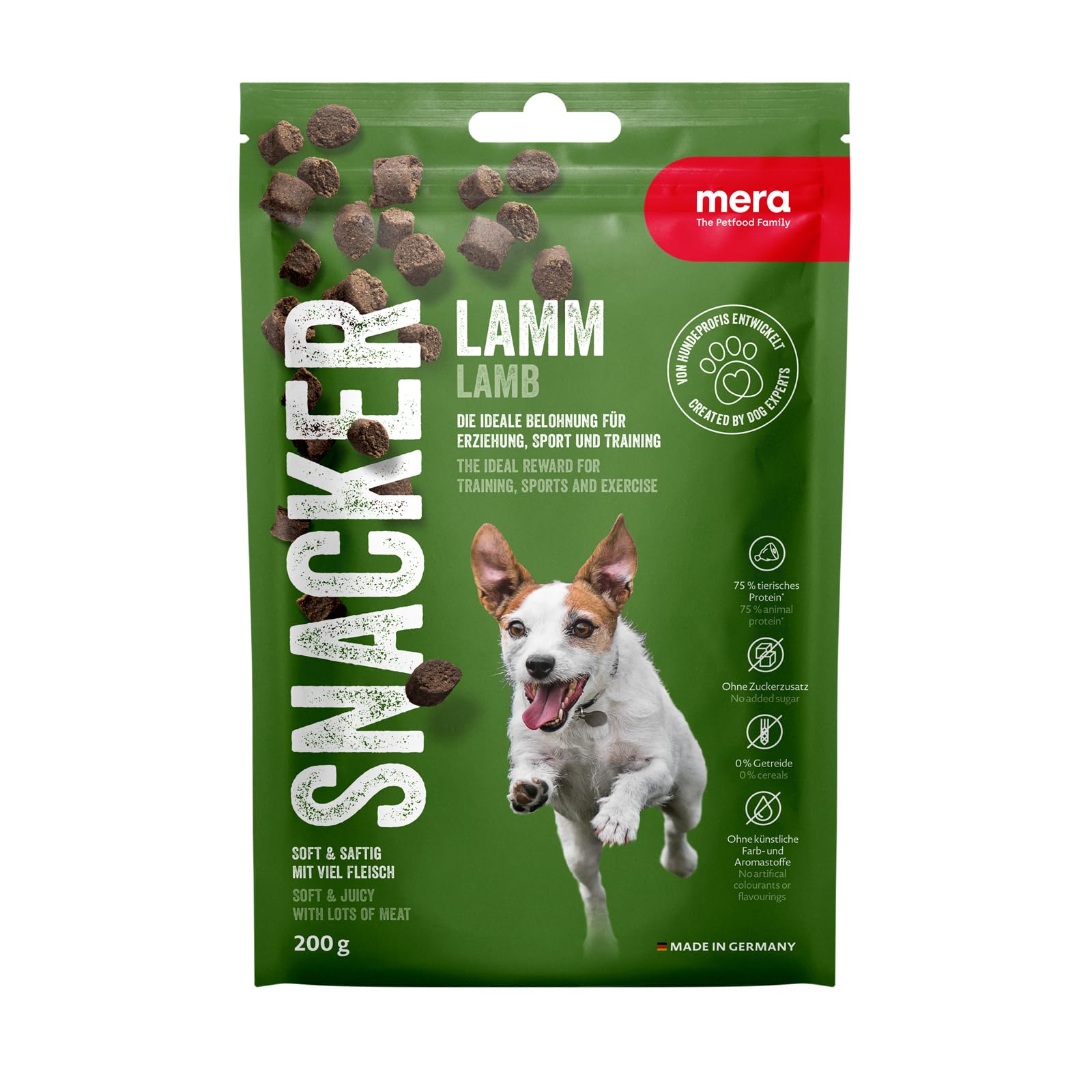 MERA Snacker Lamm (1 x 200g), getreidefrei, softe Hundeleckerli für Training oder als Snack, herzhafte fleischige Leckerlies für alle Hunde
