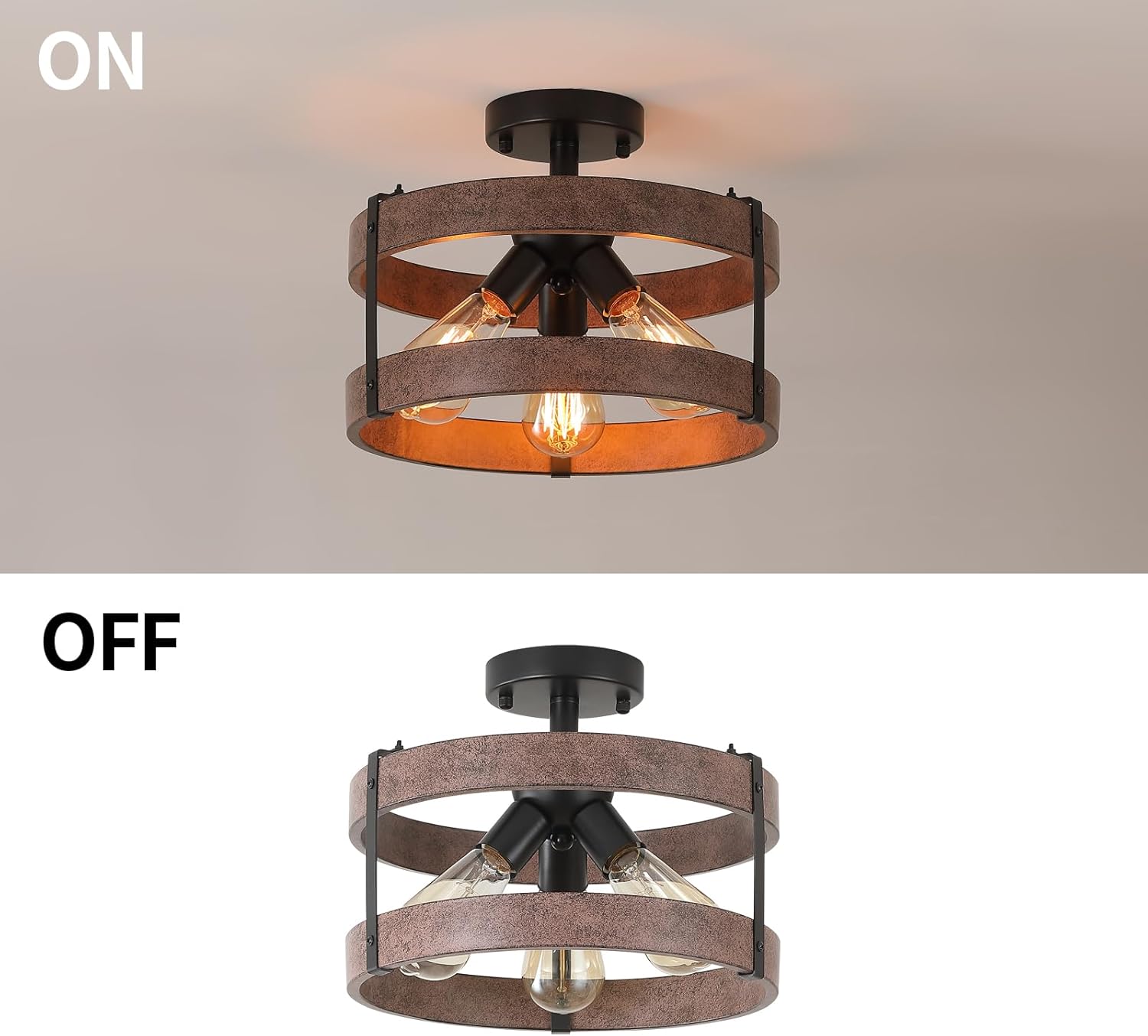 2 Pack 3-Light Rustic Farmhouse Metal Flush Mount Ceiling Light Fixture Antique Oak Round Drum Semi Flush Mount Ceiling Light for Hallway Hall Entry Bedroom Farmhouse Home, Black