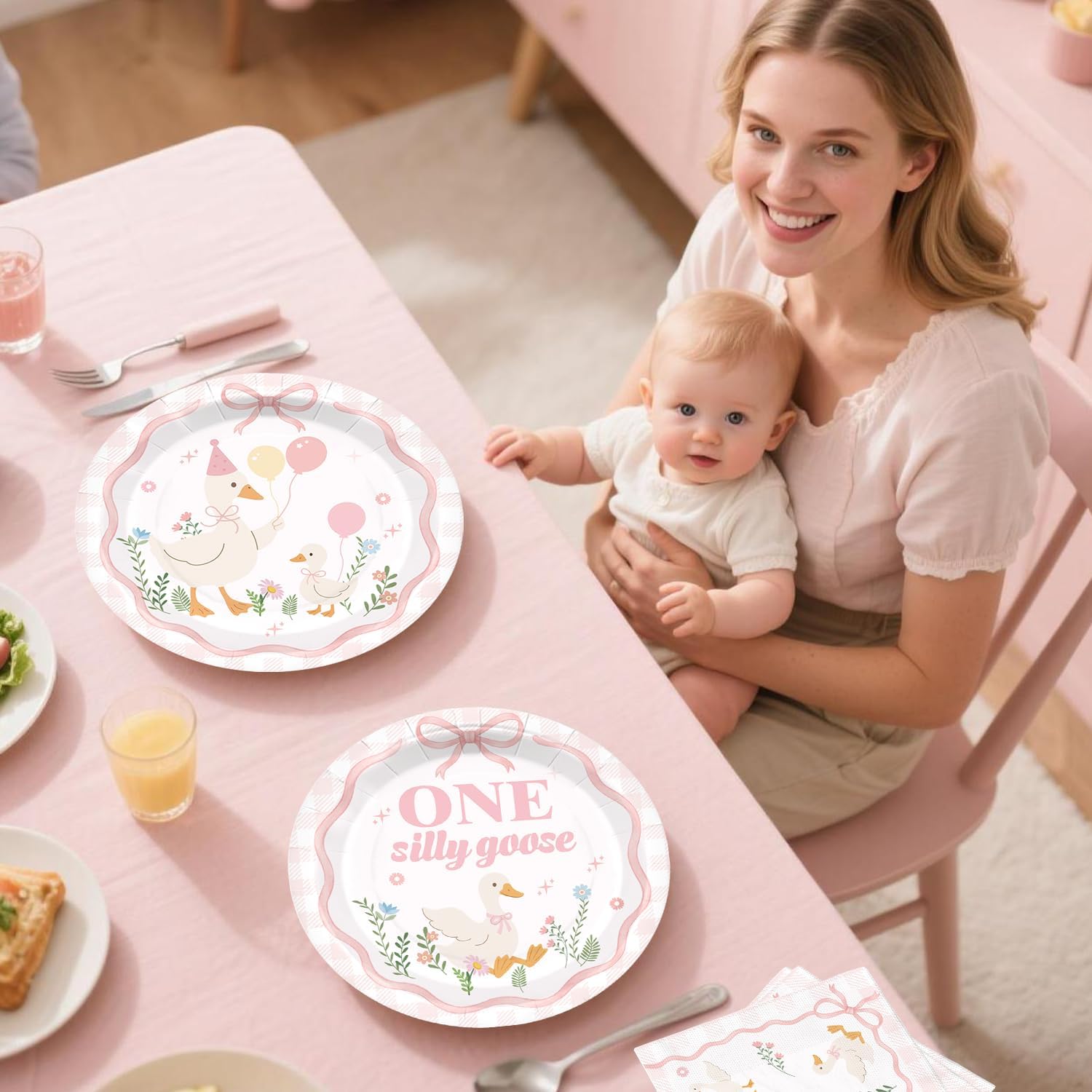 269 Pcs One Silly Goose Birthday Decor Girl, Balloon Arch Garland Party Tableware Set for 25 Guests, 1st Pink Silly Goose First Birthday Decorations for Girl