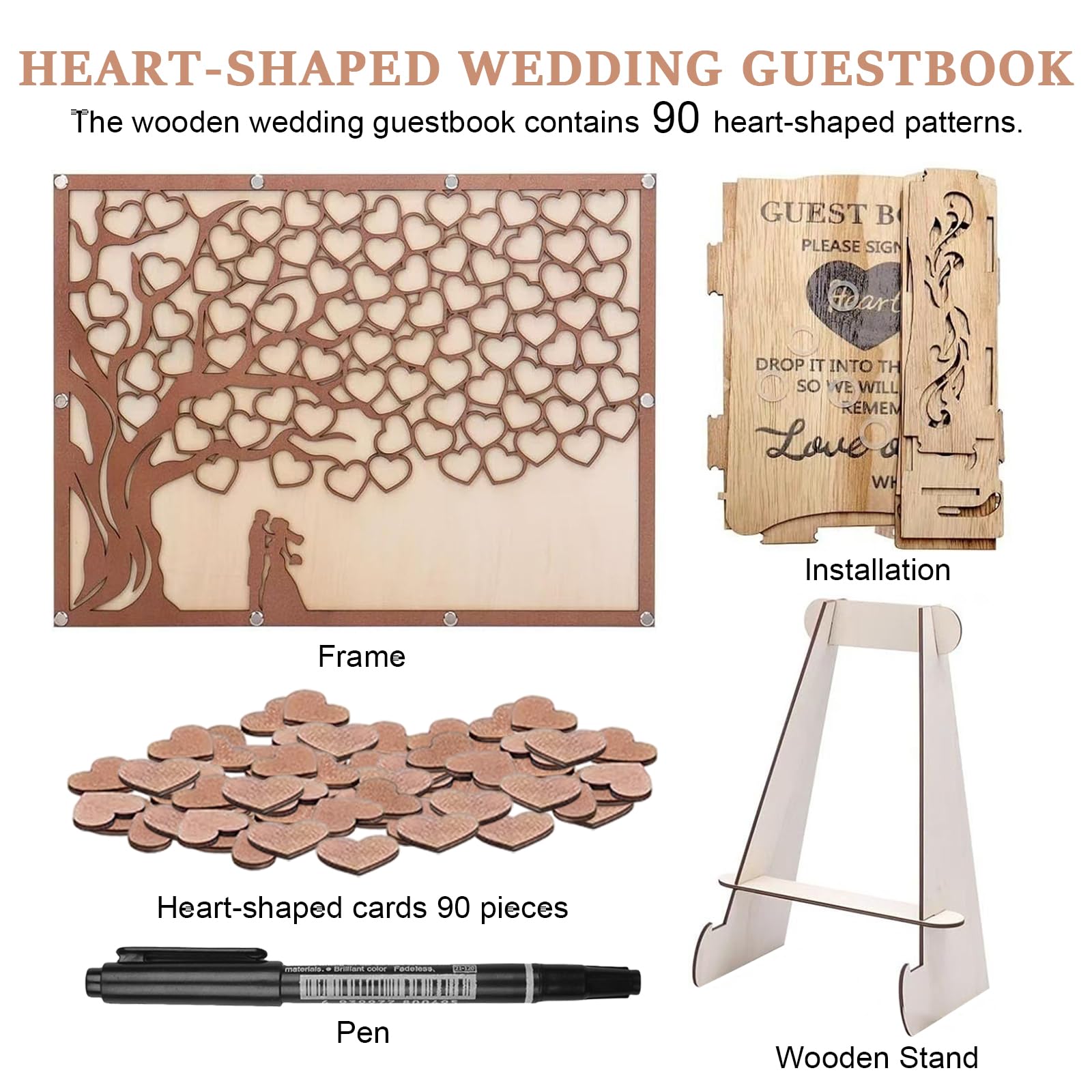 Madera Libro De Visitas,27 * 37CM Libro De Firmas Bodas Con Un Bolígrafo,Libro De Invitados De Boda,Libro De Visitas Boda Corazón Para Boda,Aniversario,Fiesta De Cumpleaños