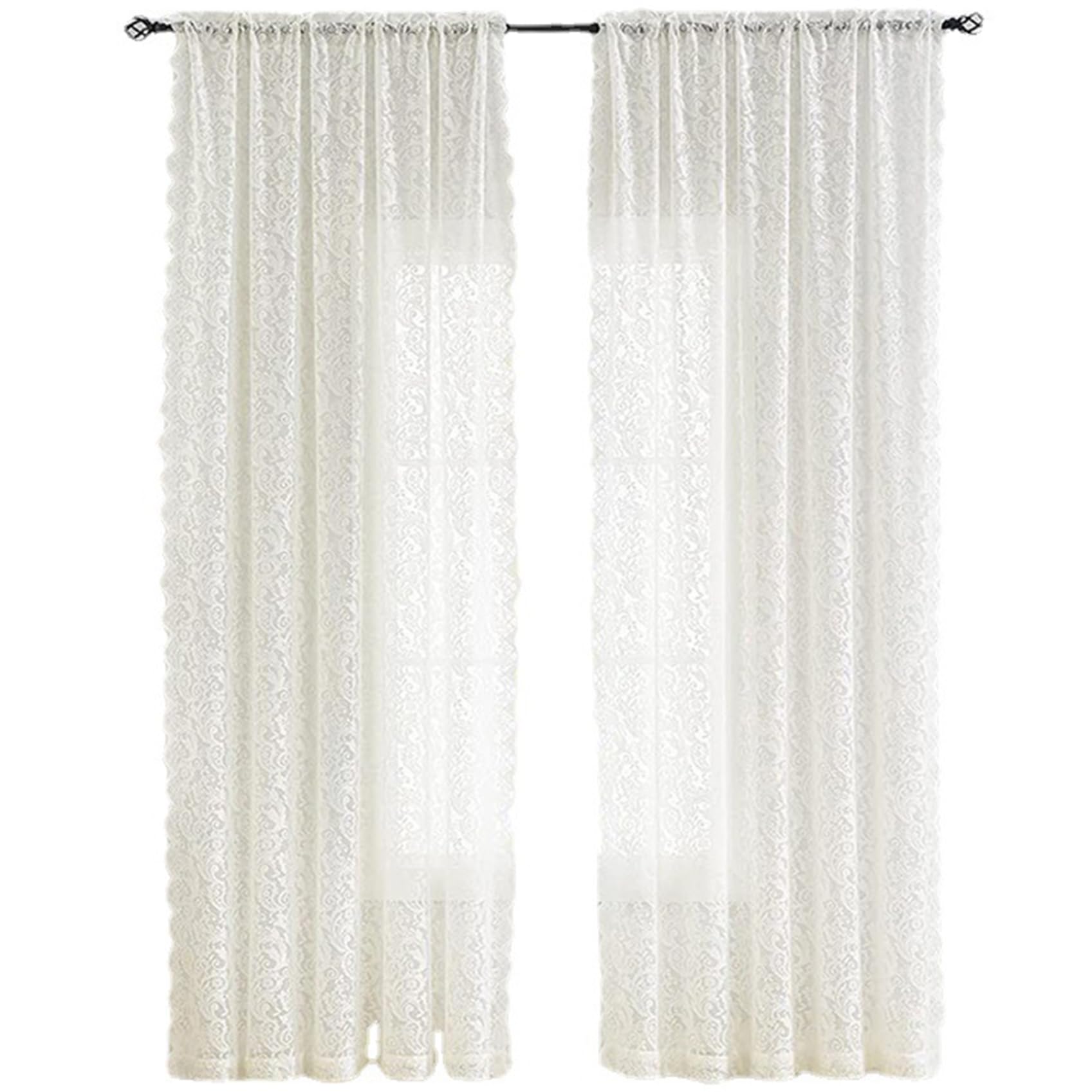 Cortinas de encaje blanco de 80 pulgadas con diseño floral crochet en 2 paneles