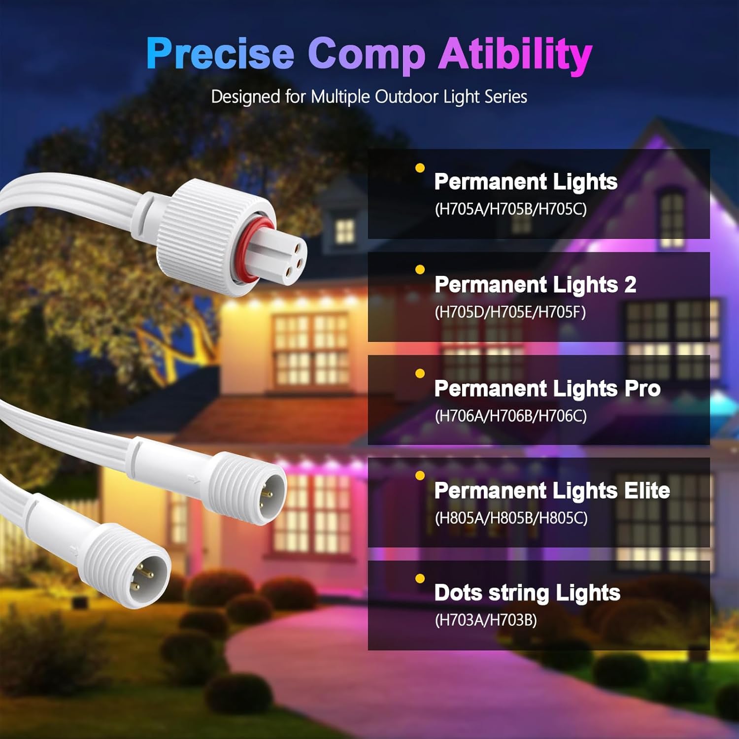 Y-Connector Splitter for Permanent Outdoor Lights,Y-Shaped Extension Cable 1 Female to 2 Male,Compatible with H705A H705B H705C H706A H706B H706C,Durable & Waterproof 3-Pin Power Cord