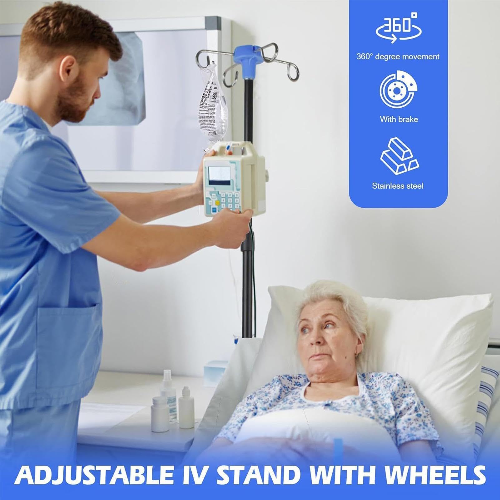 Supporto Flebo Attrezzatura Medica Assistenza Altezza Regolabile | Supporto per infusione con gancio portabottiglia per Ospedale, Cliniche, Casa, , Uso interno, Esterno, Viaggi, Assistenza