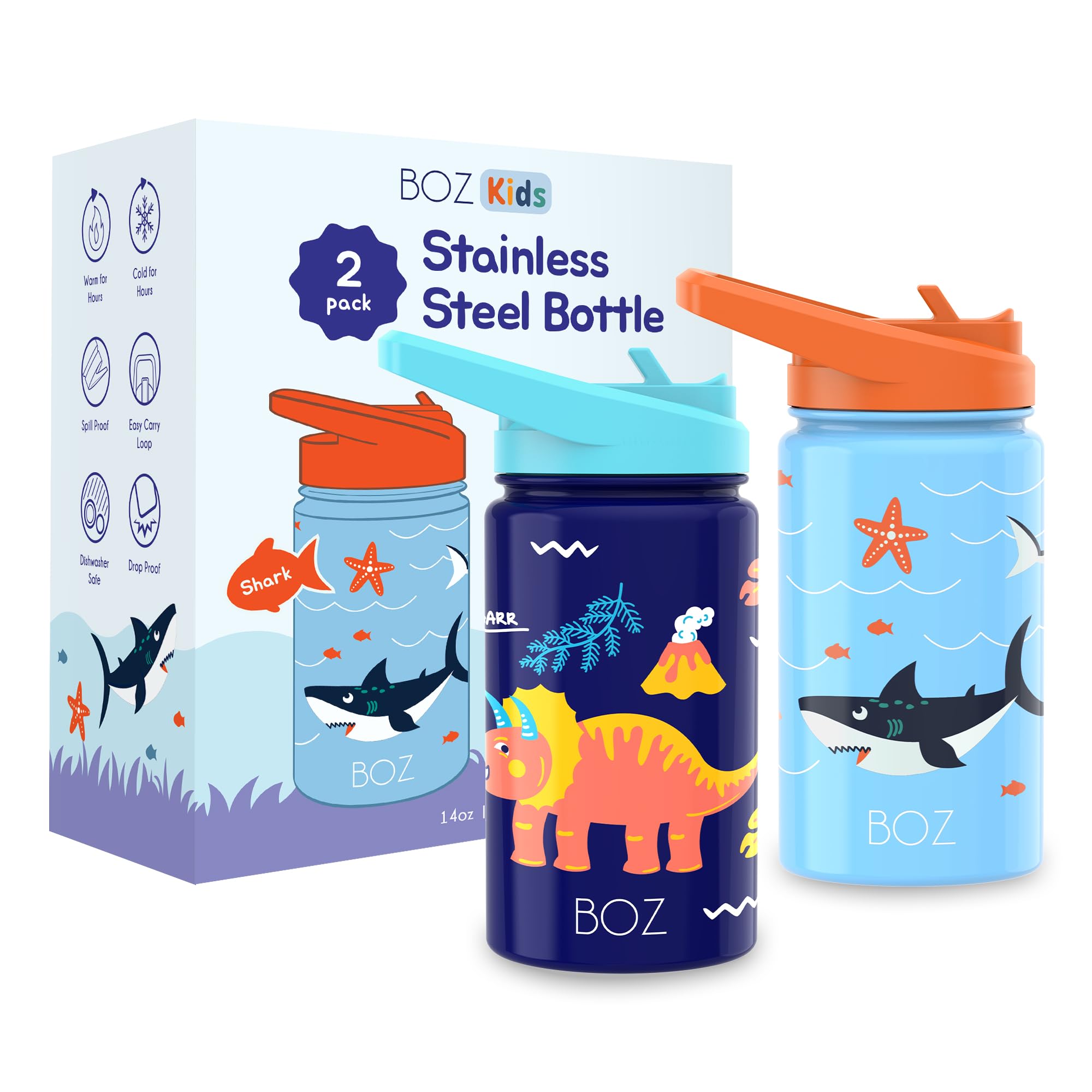 BOZKids Insulated Dino Water Bottle with Straw Lid - Two-Pack Bundle, Shark and Dinosaur Vacuum Double Wall Water Cup, Toddler Stainless Steel Water Bottle, Scratch-resistant 14 oz (414ml)