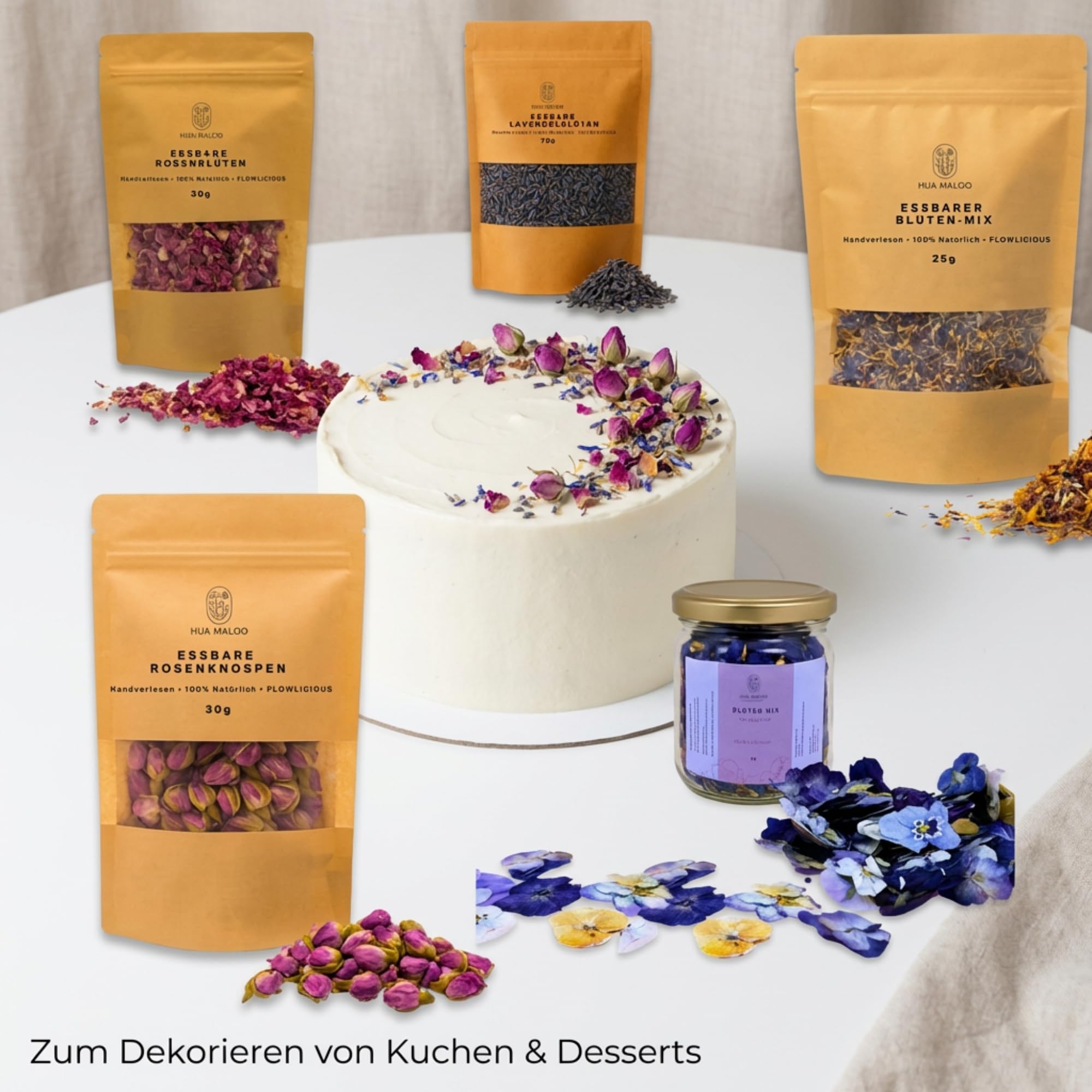 HUA MALOO Gastro Profi Set – Getrocknete essbare Blüten (Veilchen, Rosenknospen, Rosenblüten, Lavendelblüten, Blüten-Mix) | Für Tee, Kuchen, Desserts, Cupcakes, Torten, Salate & Deko
