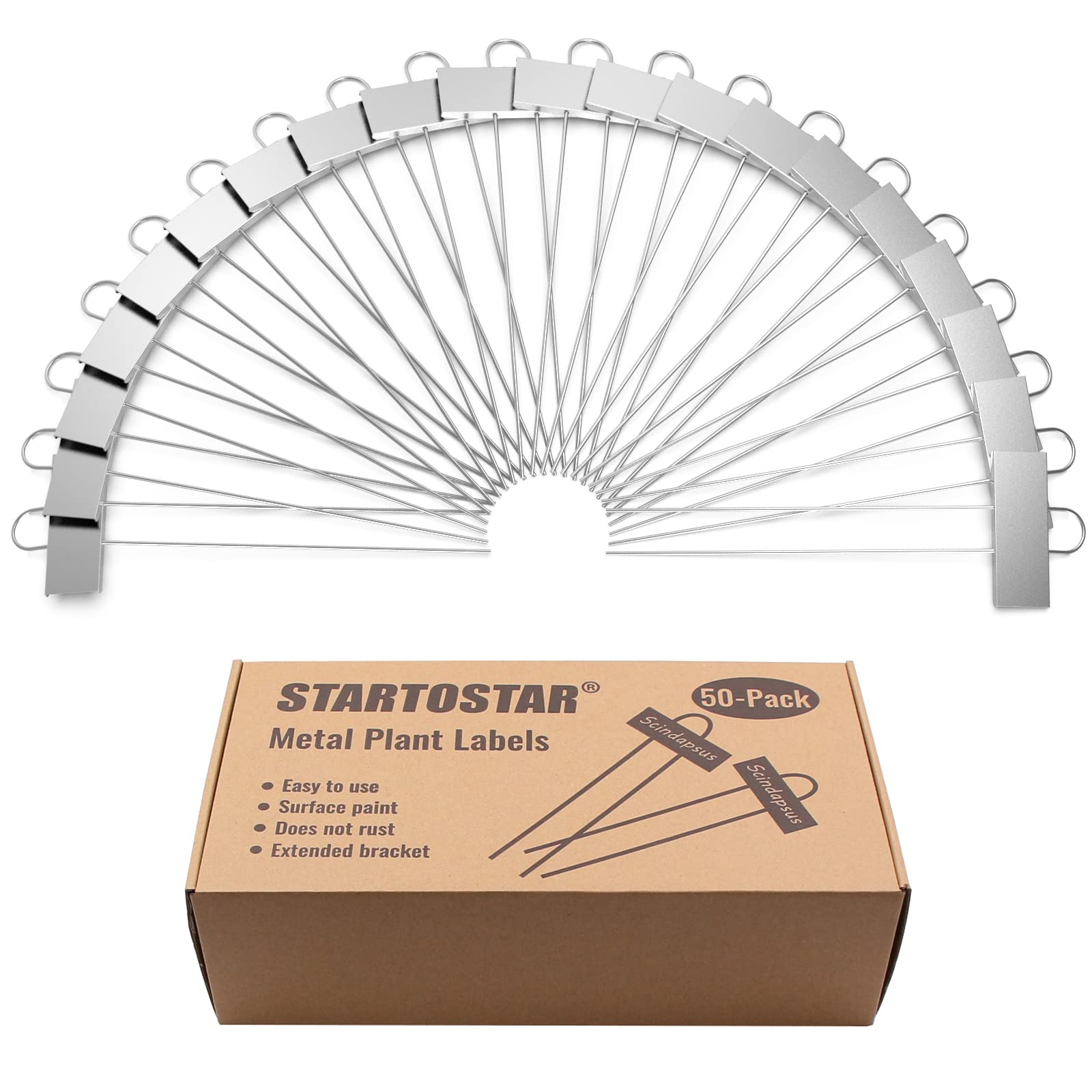 STARTOSTAR Etykiety do roślin zewnętrznych 50 szt., metalowe znaczniki ogrodowe, 9 x 3 cm, do warzyw, ziół, kwiatów, sadzonek, wielokrotnego użytku i odporne na warunki atmosferyczne (srebrne)