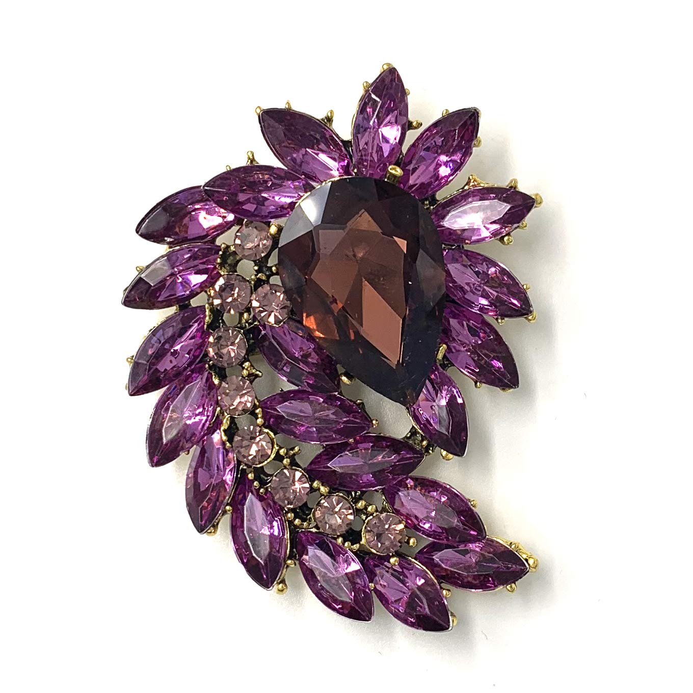 SELOVO Marquise Shape Rhinestone Red Leaf Costume Brooch Pin Jewelry Antiqued Gold Tone