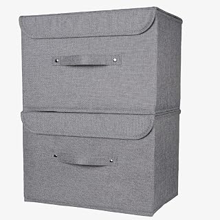 Storage Boxes with lids, grey, Fabric, Stackable, Foldable. For wardrobe, shelves, clothes, bedroom, office, cupboard, keepsake memory box, crafts, toy, shoe, sock, knitting. Handle 2pk