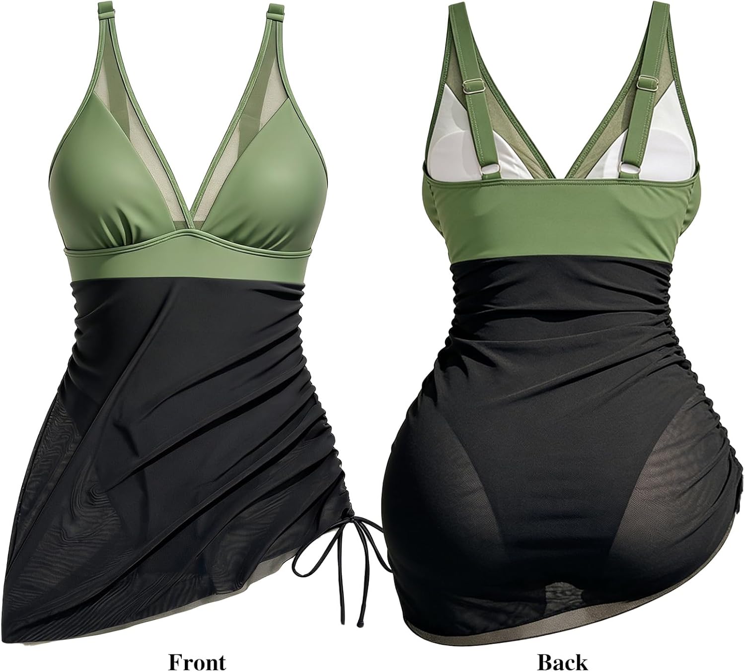Women's One Piece Swimsuit Tummy Control Swimdress with Skirt Slimming Mesh V Neck Sarong Wrap Bathing Suit