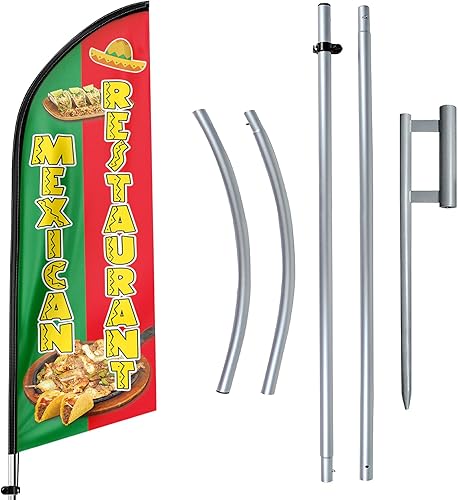 Banner de bandera de Swooper con publicidad de restaurante mexicano, kit de poste de bandera de plumas de restaurante mexicano y estaca para tierra,