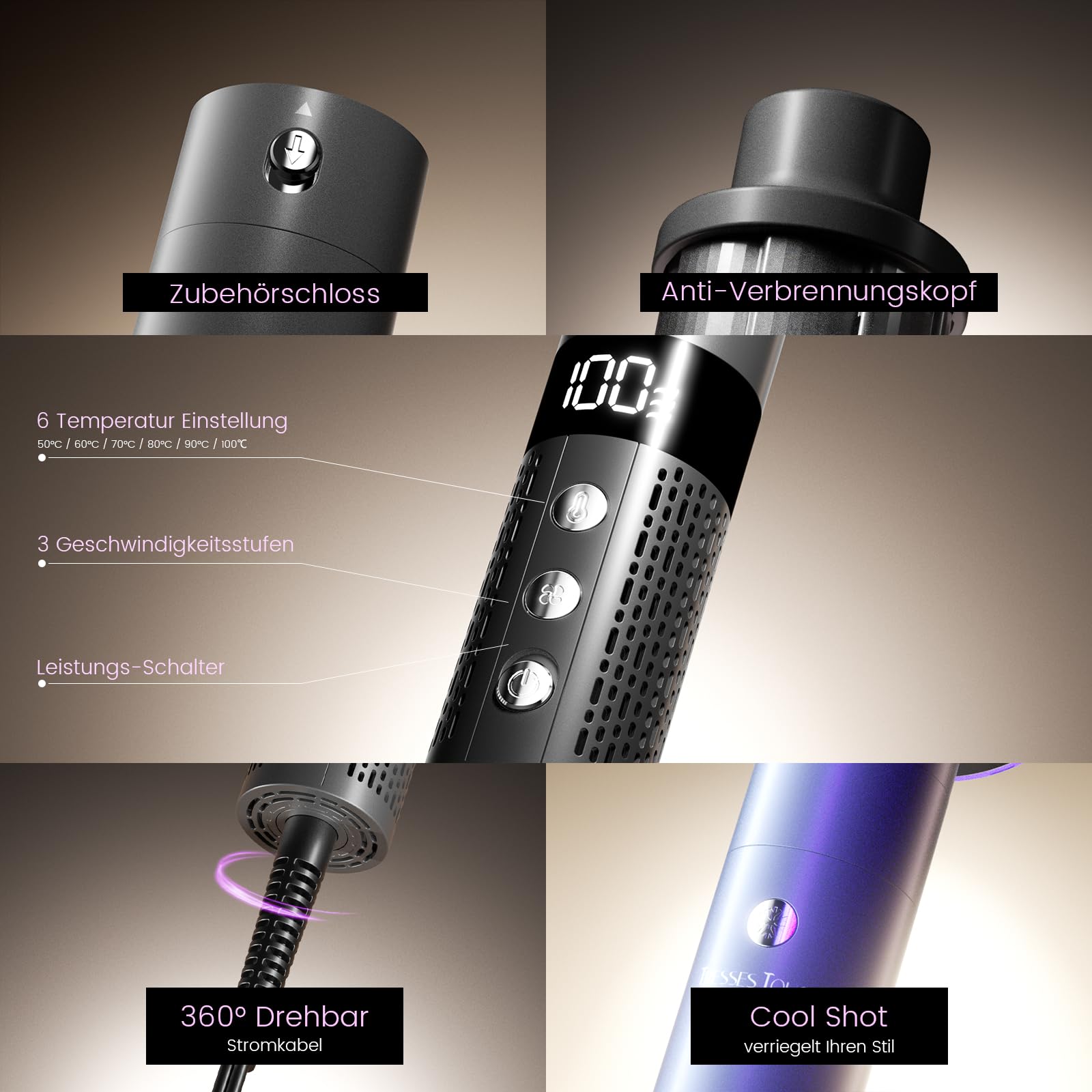 Hairstyler 6 In 1 Airstyler mit Rundbürstenföhn, 110.000 U/min, 1400W Airwrap für Locken, Volumen, Glätten, Trocknen, Grey