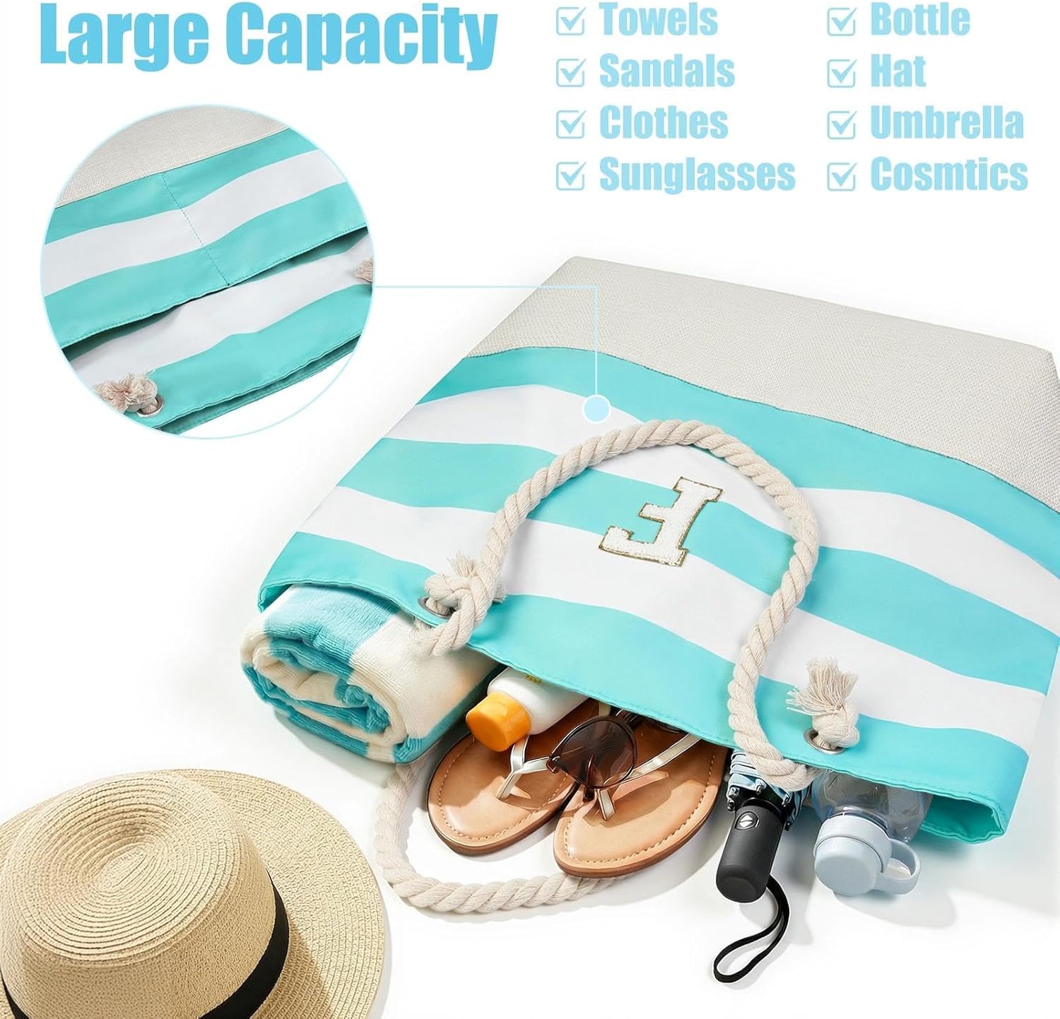 Vavabox Initial Beach Tote Bag for Women, Water-resistant Travel Beach Bag Pool Bag Set, Birthday Gifts for Women Mom