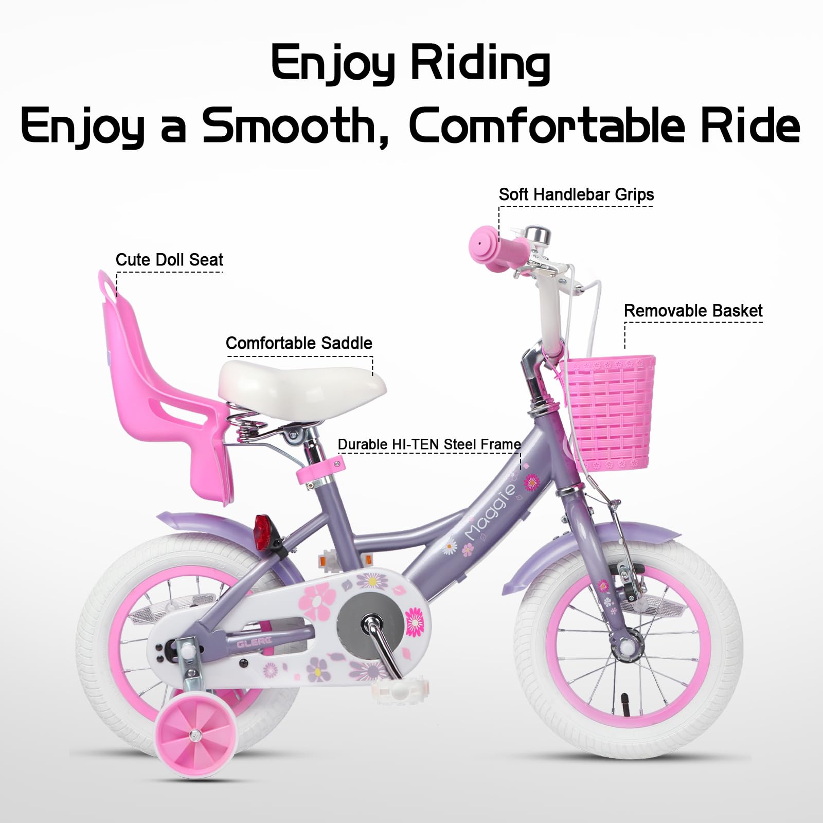 Glerc Maggie 12 14 16 20 Pouces vélo pour Enfants pour Les Filles de 2 à 13 Ans, vélo de Style Princesse pour Tout - Petits avec siège de poupée, Panier, stabilisateur et Support, Plusieurs Couleurs