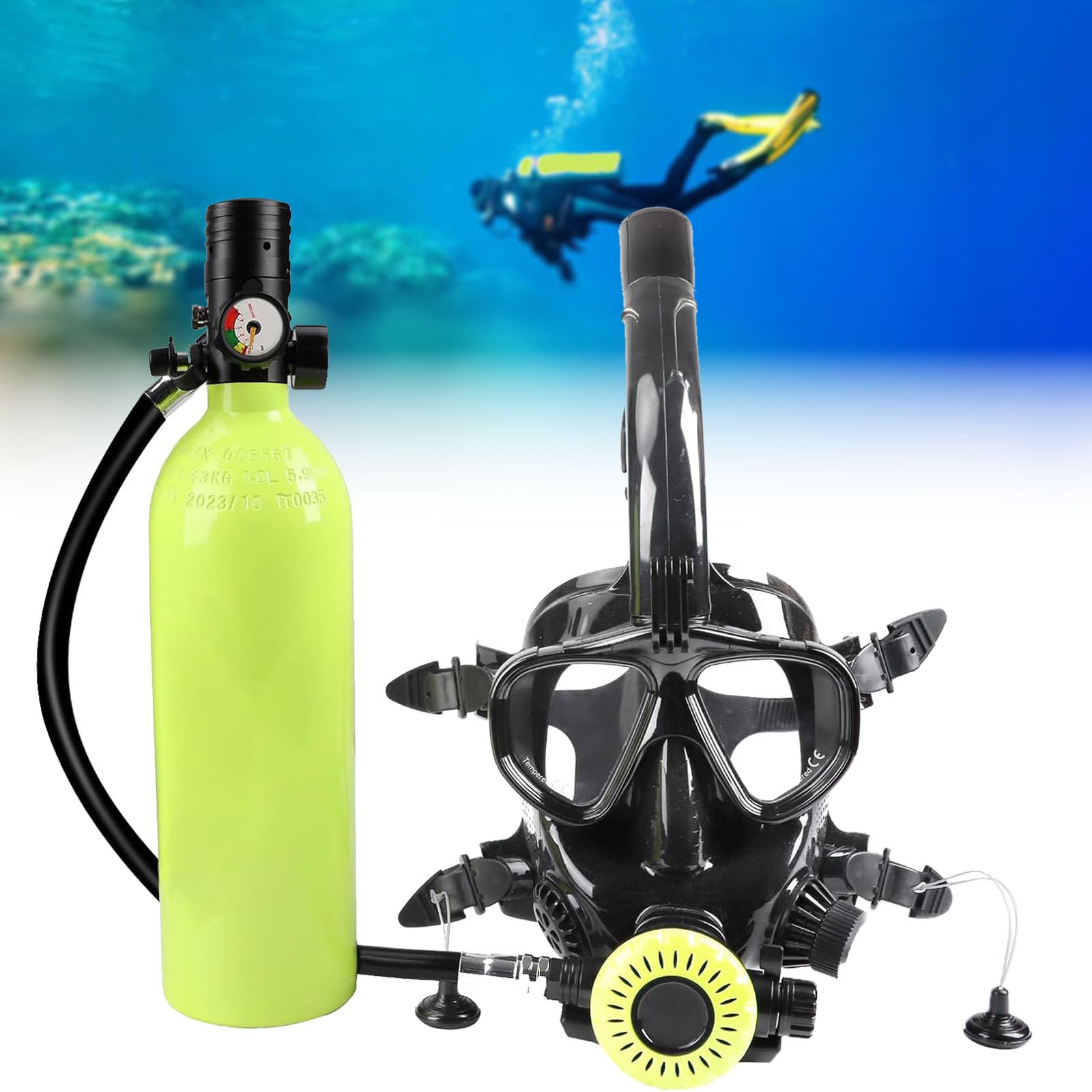 Tefola Tanque de buceo con máscara de buceo de cara completa, mini tanque de buceo portátil de 1 litro que proporciona 25-30 minutos de respiración, botella de buceo reutilizable cilindro de oxígeno
