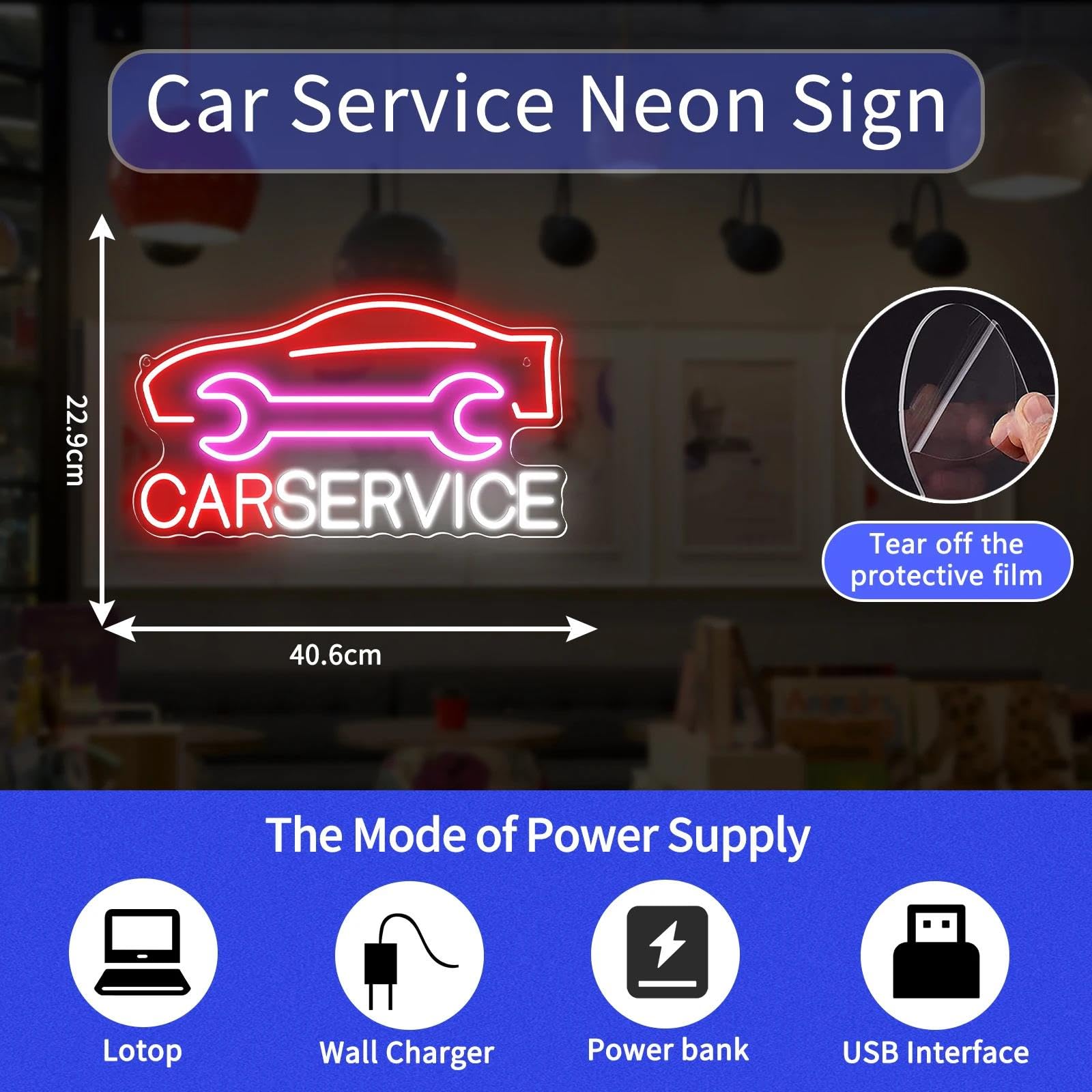 Letrero neón Servicio Coche, decoración Pared Taller reparación automóviles, Carga USB, luz neón led Grande Reutilizable, Regalo entusiastas del Motor, con Interruptor,A
