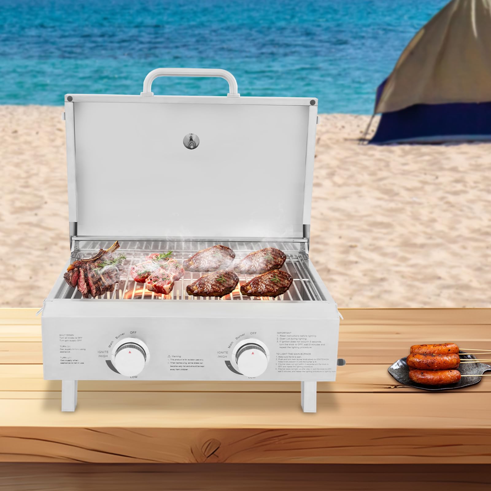Tragbarer Gasgrill Tischgrill 2 Brenner Edelstahl Balkon-, Camping-Gasgrill mit Grill-Thermometer, Deckel BBQ Campinggrill für Terrasse, Garten55.8x45x38cm