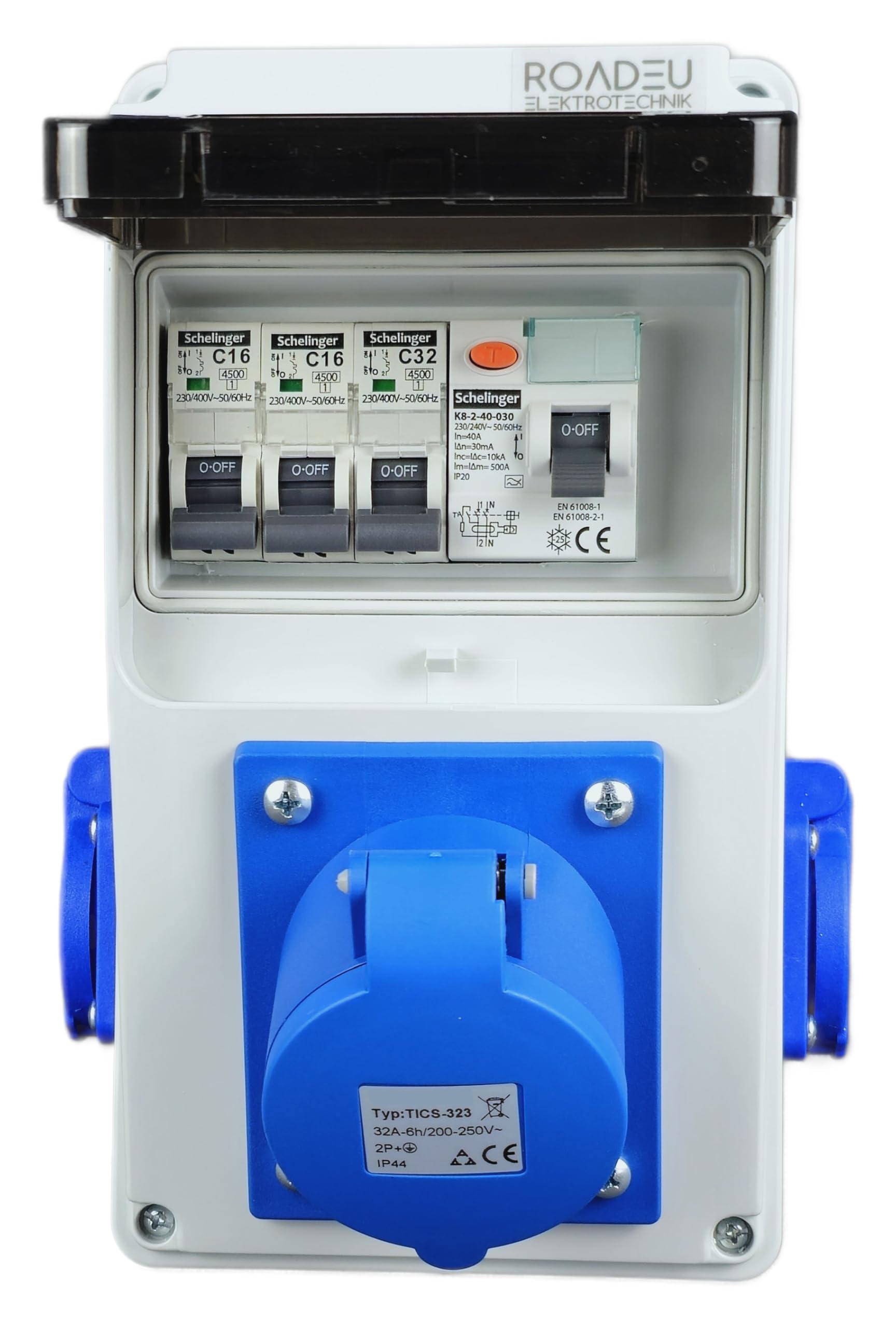 RoadEu Distributeur de courant 230V. Prise monophasée CEE 32A 3P et 2x 230V. Répartiteur de prises avec disjoncteur différentiel. Prises intégrées avec boîte à fusibles