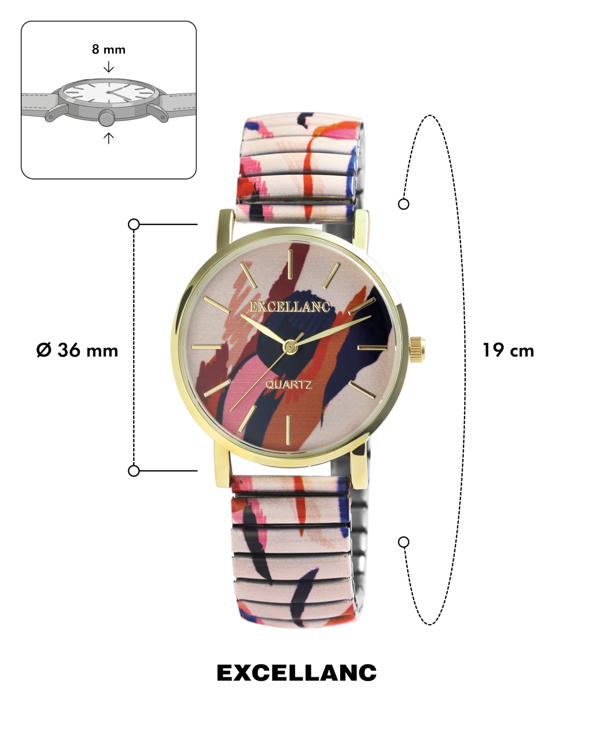 Excellanc Orologio da donna con cinturino in acciaio inox, Ø 36 mm, motivo colorato, stampa analogico, al quarzo, 1700060