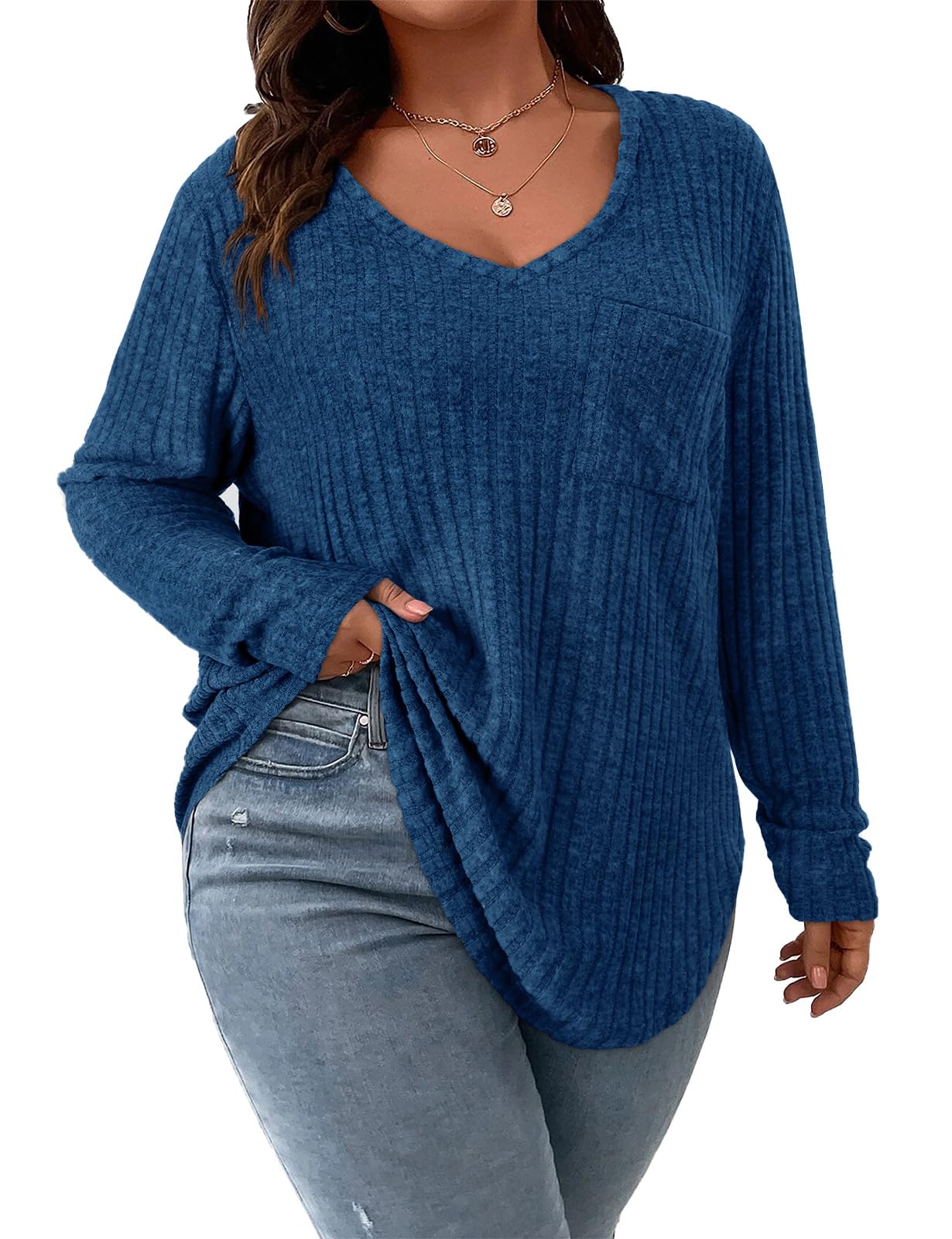 Koscacy Women Plus Size Casual Knit Sweater with Pocket V Neck Solid Color Tops Lightweight Long Sleeve Blouses