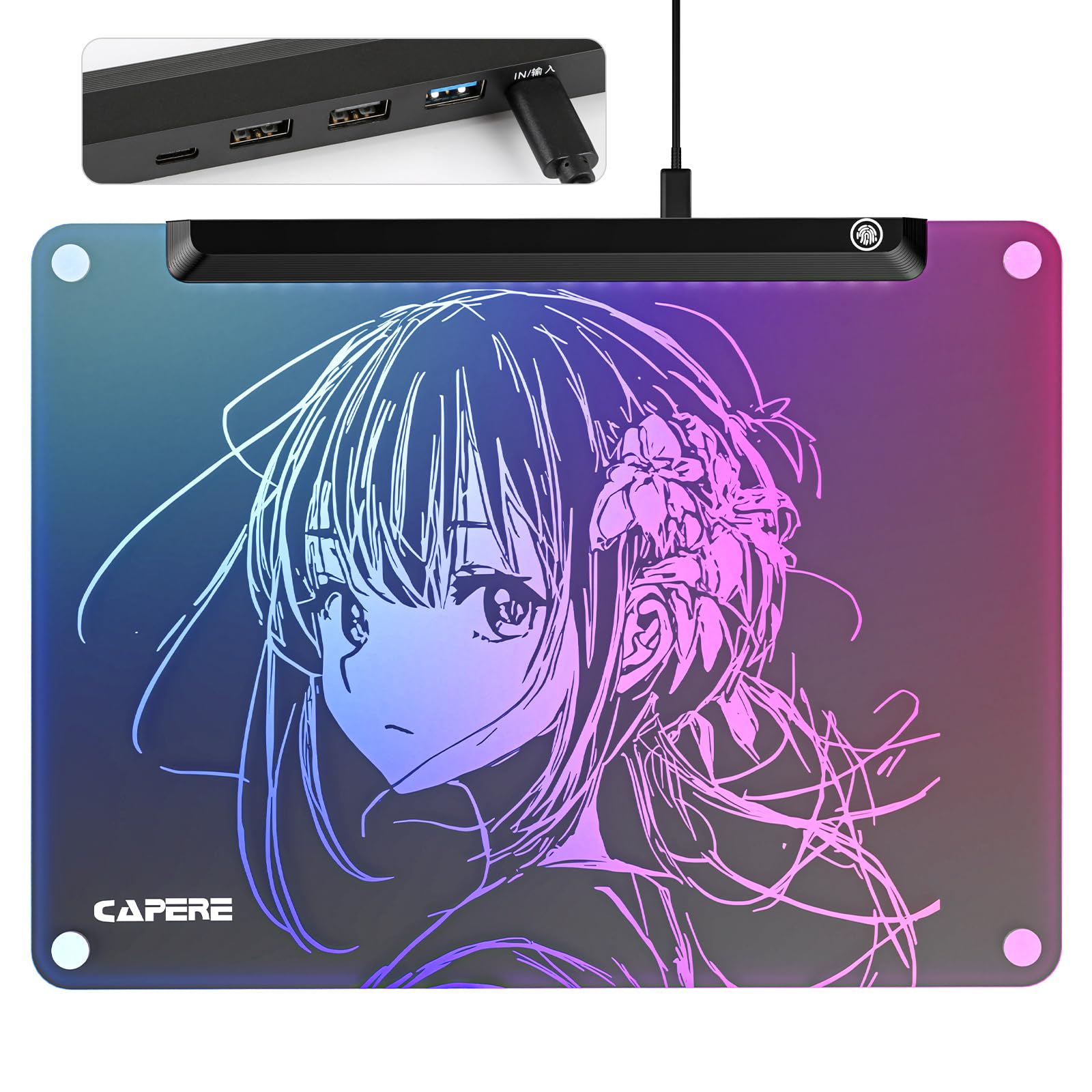 Alfombrilla de mouse RGB de vidrio templado, 13 modos de iluminación, hub USB 4 puertos, superficie micrograbada para velocidad y control máximos, alfombrilla de mouse dura para juegos FPS y