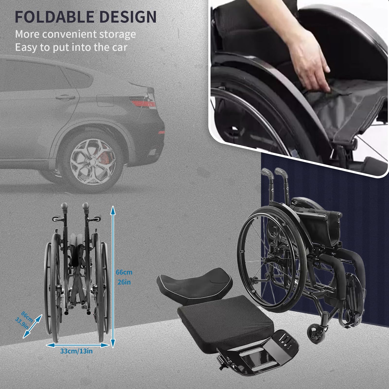 Plegable Ligera Acero para Ancianos y Minusválidos,Silla de Ruedas Manual,Plegable,Ligero,Transporte,Asiento y Respaldo con cojín Acolchado,para Adolescentes,Adultos(15.7in Seat Width)