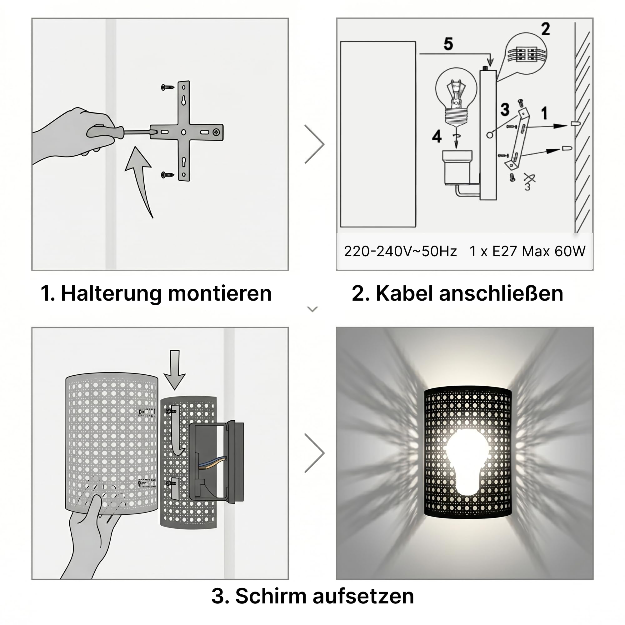 Wandleuchte Innen Vintage Weiß–Rattan Optik mit Wabenmuster | 2er Set Handgewebte Wandlampe, E27 Wandleuchten für Wohnzimmer Flur Schlafzimmer,20x16,5x12cm–Up&Down Licht–ohne Leuchtmittel