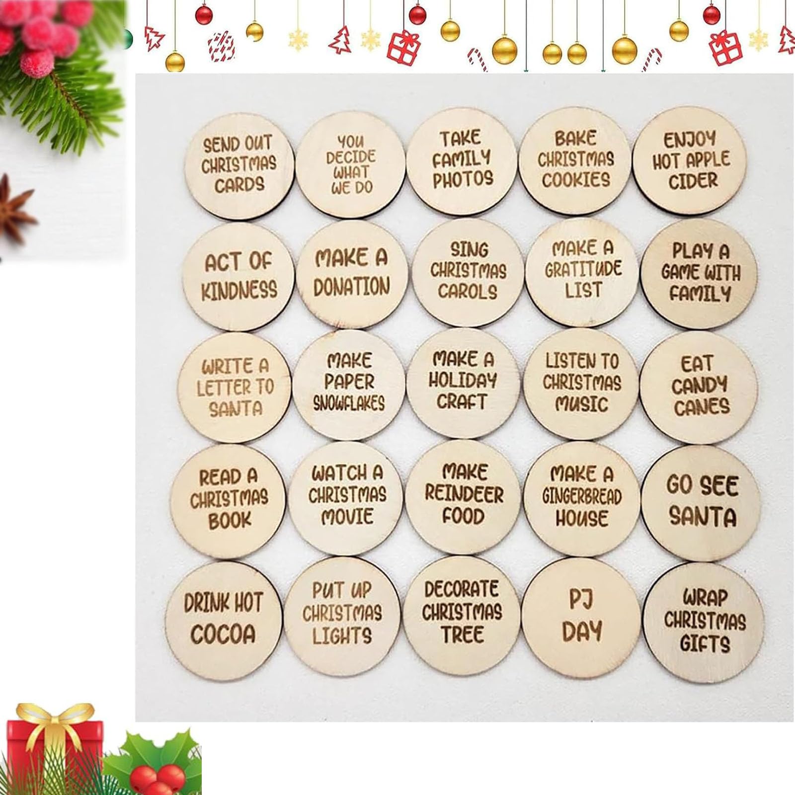 Fadaing Christmas Countdown Token Set, Christmas Advent Tokens, Countdown to Christmas with Coins, Christmas Advent Calendar Tokens Made of Wood (B)