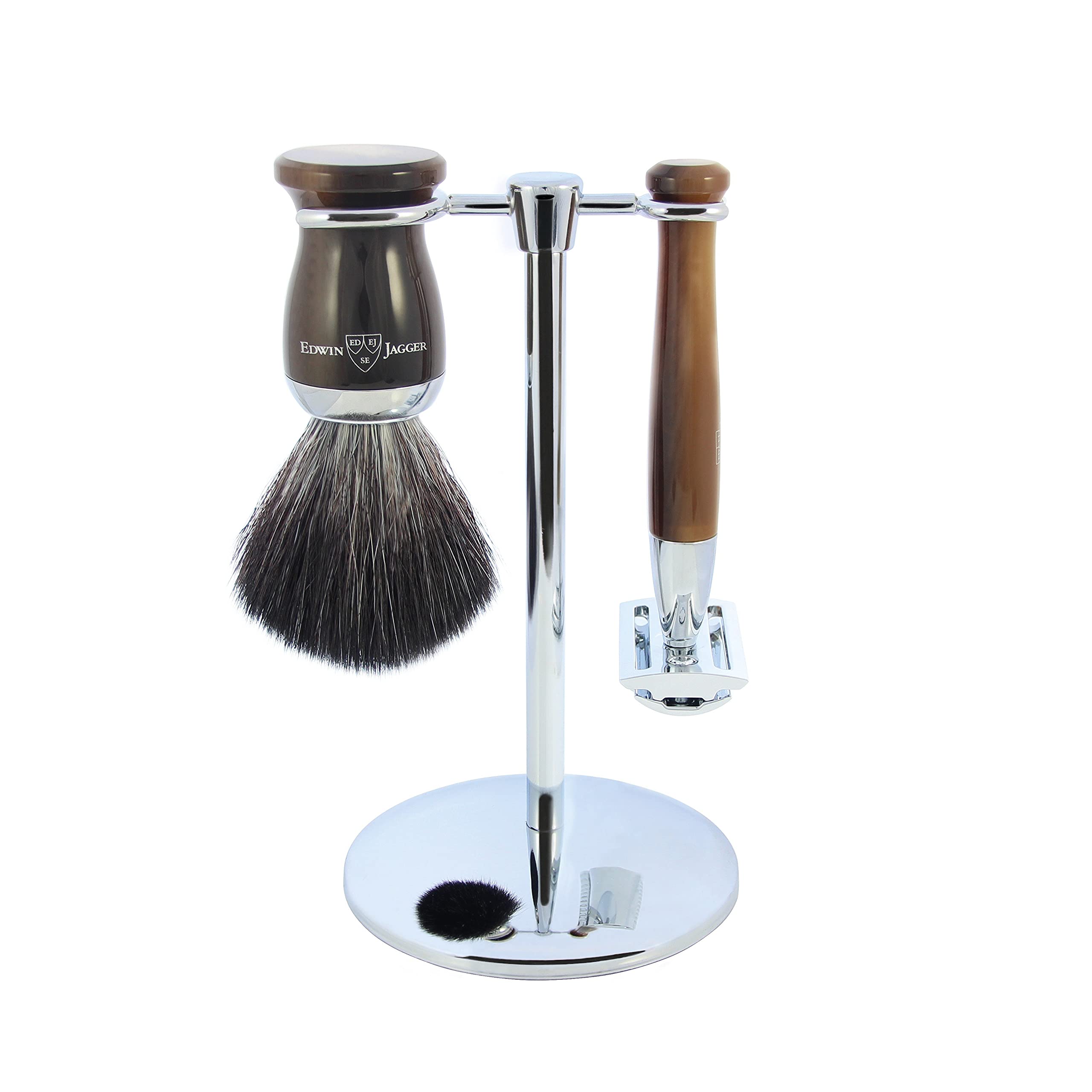 Edwin Jagger Set di 3 pennelli da Barba con Corno Classico e Pennello da Barba Sintetico e Supporto, Unici, Standard