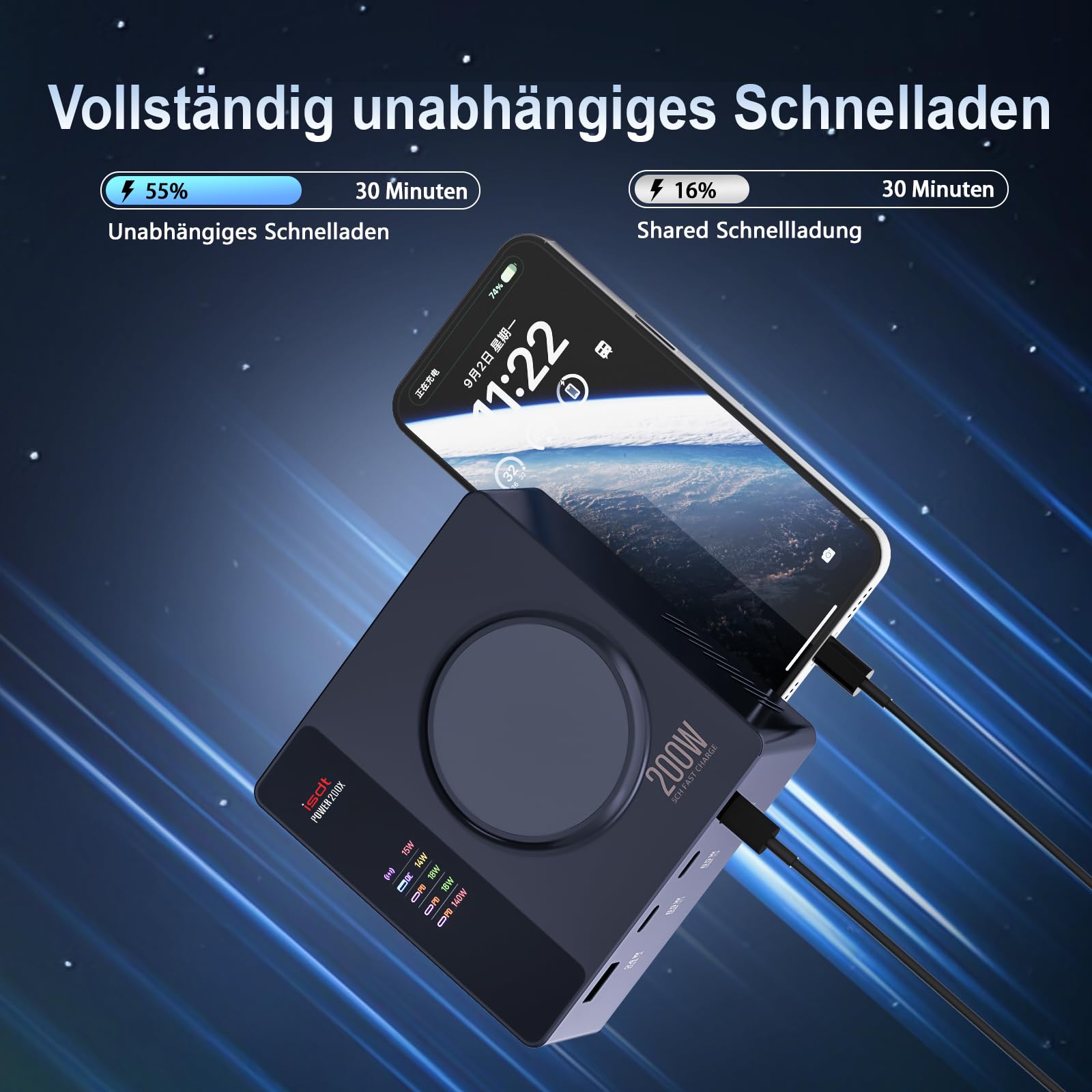 ISDT Power 200 Serie USB C Ladegerät,200W Handy Ladegerät mit 4 USB+1 Kabelloses Ladegerät,APP-Verbindung LCD Display PD 3.1 Schnelles Ladegerät Kompatibel mit iPhone,iPad,MacBook usw (Power 200H)