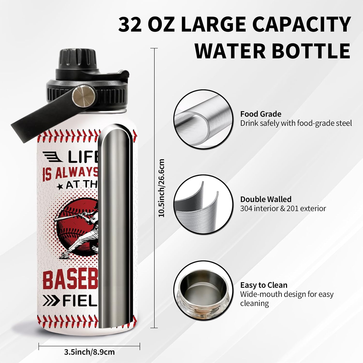 Baseball Gifts, Baseball Water Bottle 32oz with Lid, Baseballs Insulated Stainless Steel Tumbler Cup for Coach Lovers Players Boys Men, Baseballs Coach Gifts for Thanksgiving Christmas, 1 PCS - Image 2