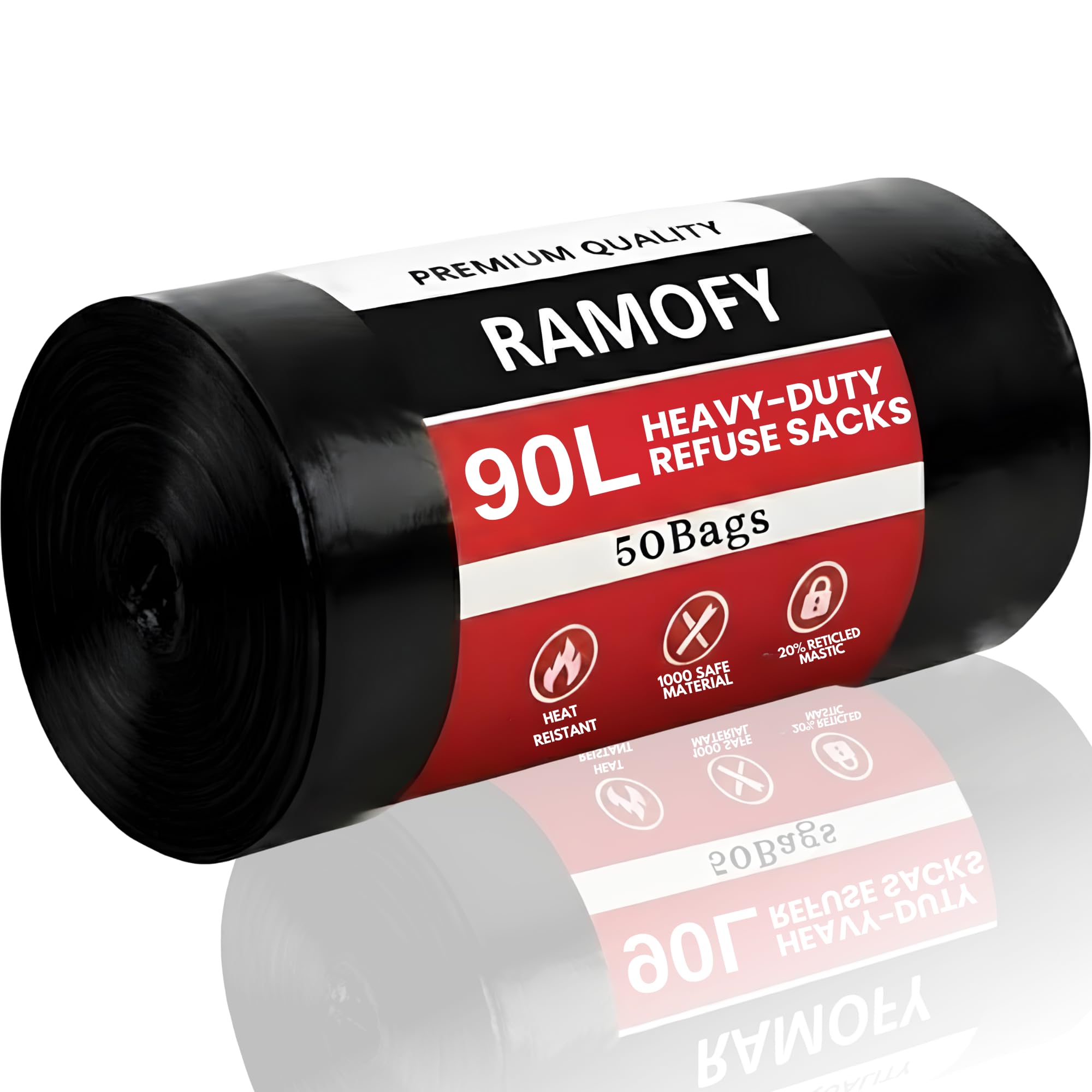 RAMOFY 90L Heavy Duty Black Plastic Bin Bags – Refuse Sacks Liners – Pack of 50, Extra Strong, Tear Resistant, Leak Proof, Recycled Material