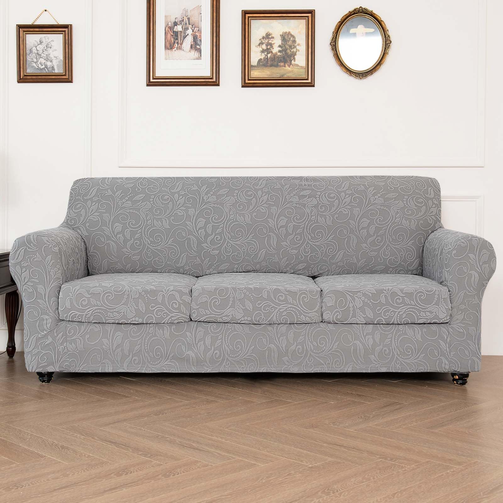 OKYUK 5-Piece Stretch Sofa Cover 3 Seater with Separate Cushions and Backrests Jacquard Spandex Fabric - Elegant and Stylish Home Furniture Protector (Light Grey, 3 Seater)