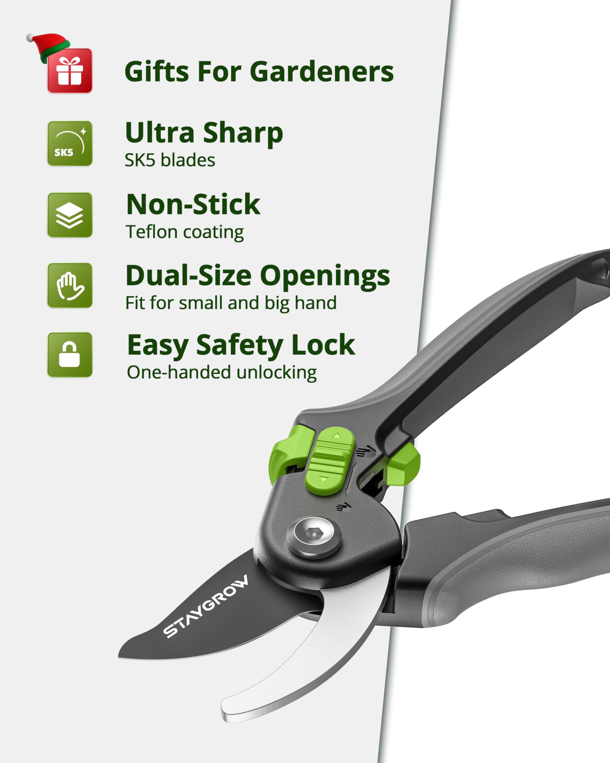 8.5 inch bypass secateurs with sharp SK5 steel blade, cuts over 10,000 times and stays sharp, garden shears with unlock & adjustable handle, garden tools for men and women