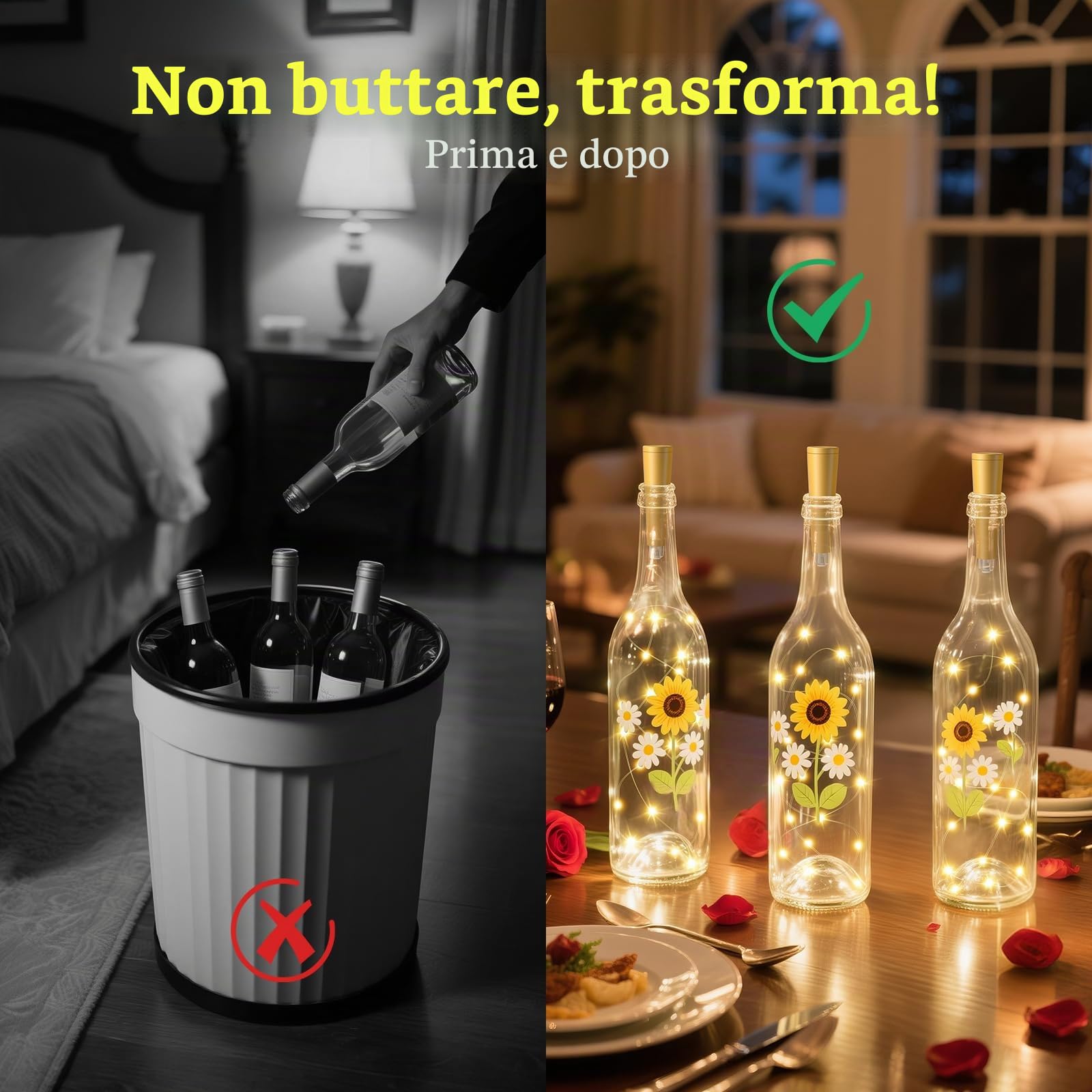 Ymenow 10 luci per bottiglie con timer, catena di luci per bottiglie in sughero, 2 m, 20 LED, USB, telecomando per interni, per bottiglie fai da te, Natale, Halloween, feste (bottiglia non inclusa)