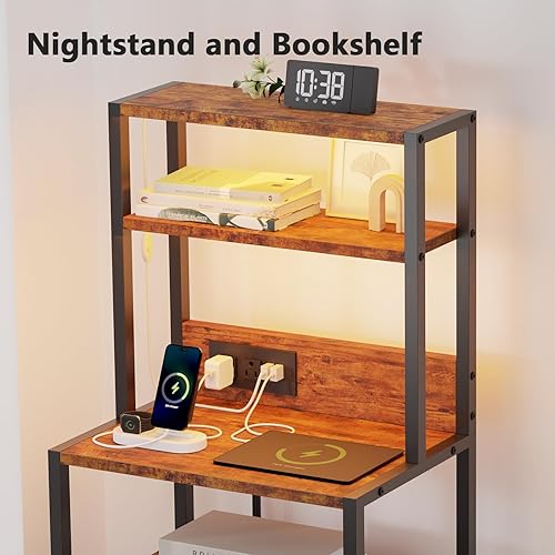 Miniatura 7 de Furnulem Cómoda industrial para dormitorio, mesita de noche de 39 pulgadas de alto con 2 cajones y estación de carga, mesita de noche para