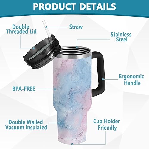 Miniatura 4 de Peach and Light Blue Marble Texture Vacuum Reusable Kids Water Bottles with Lid and Straw Decorative Coffee Travel Mug 40 Oz for School, Sports,