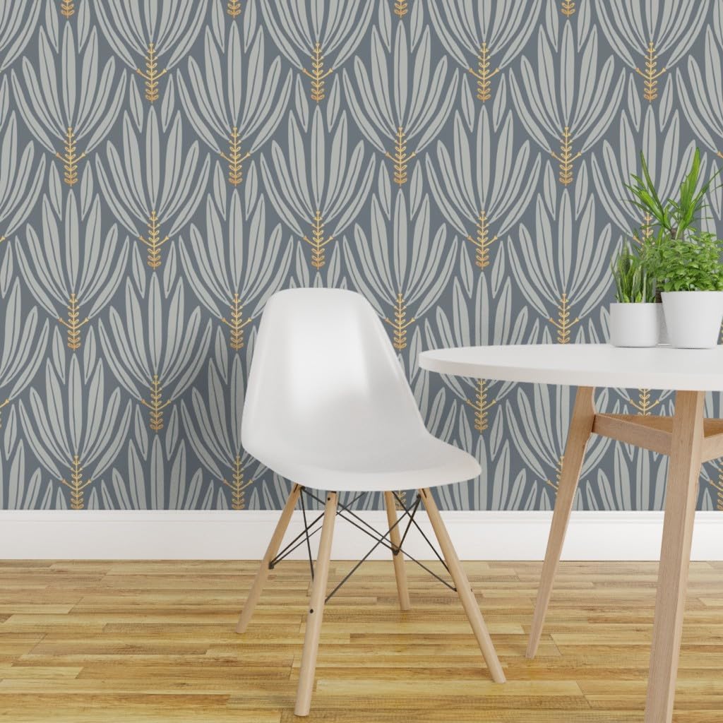 Spoonflower Removable Wallpaper Swatch - Frond Leaves Botanical Elegant Minimal Grey Custom Pre-Pasted Wallpaper